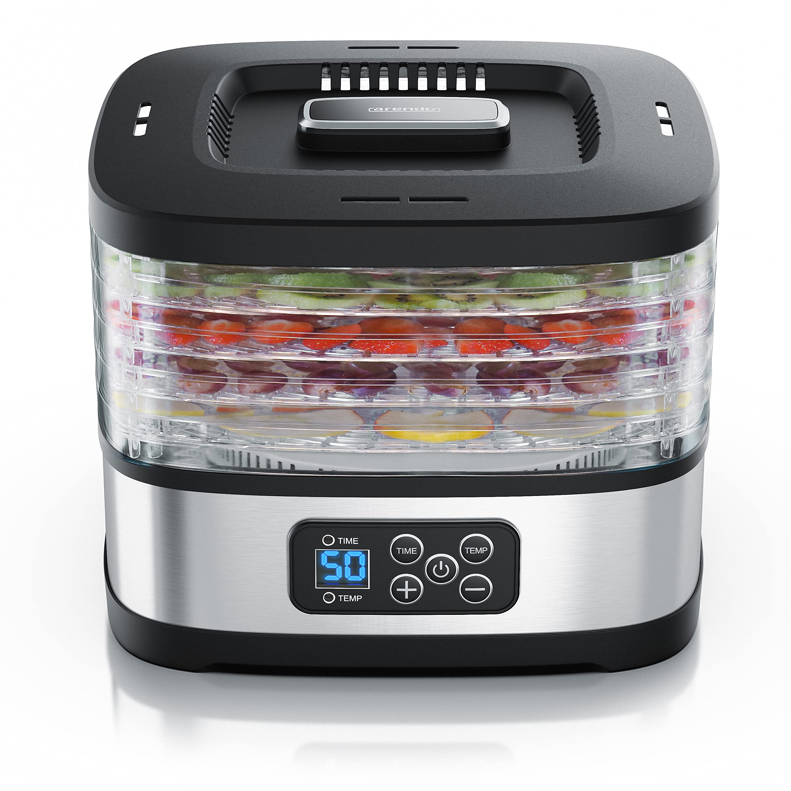 Arendo - Dörrautomat Edelstahl - Temperaturregler - 240 Watt – Dehydrator – 5 Etagen – Timer 1 bis 72 h – 5 Einlegefächer – je Fach zwei Höhen – Food Fleisch Kräuter Obst