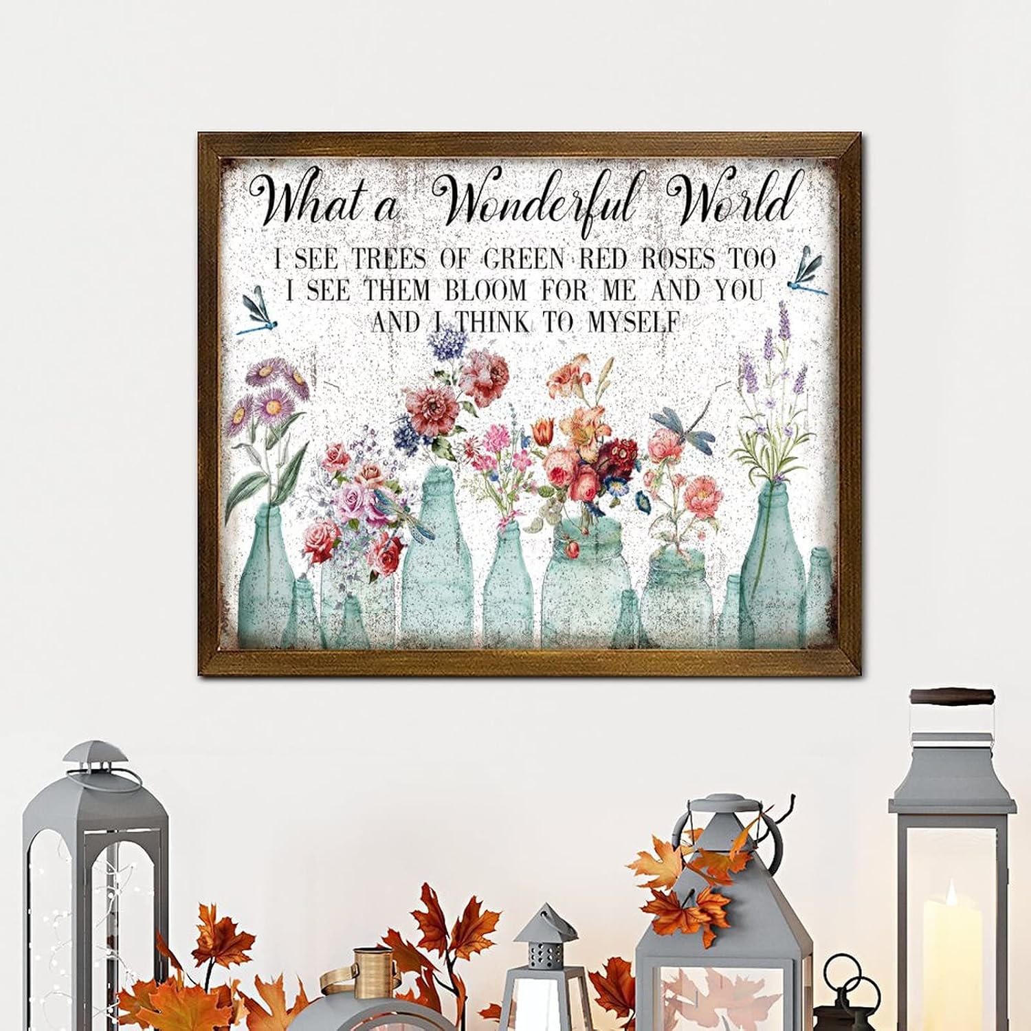 What A Wonderful World Wooden Framed Sign Vintage Dragonfly Tulip Rose Flower Vase Wood Panels Rustic Botanical Artwork Wall Decor Hanging Plaque Sign for Home Bar Room Garage Bedroom 16x20 Inch
