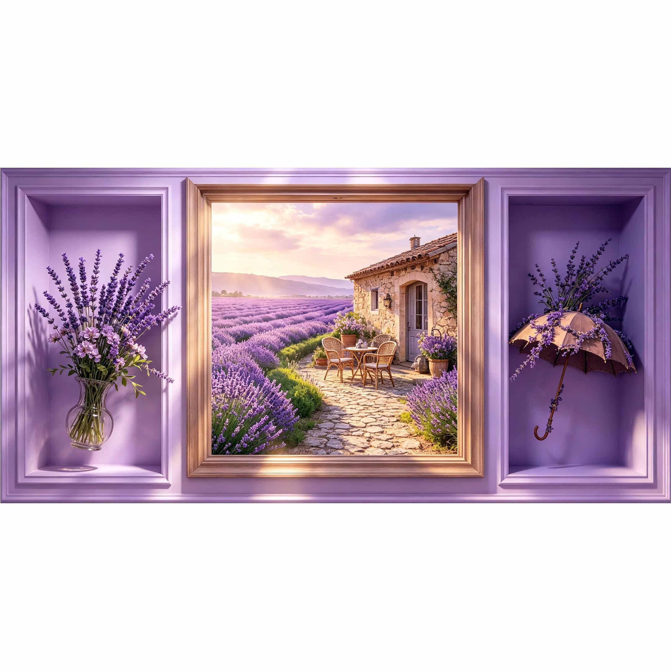 QZLITHOTIC 50x100cm 3D Framed Wall Art， Provence Lavender Field Landscape Farmhouse SelfAdhesive Mural， WaterActivated Peel & Stick Fabric Decor Wall Decal for Bedroom Living Room