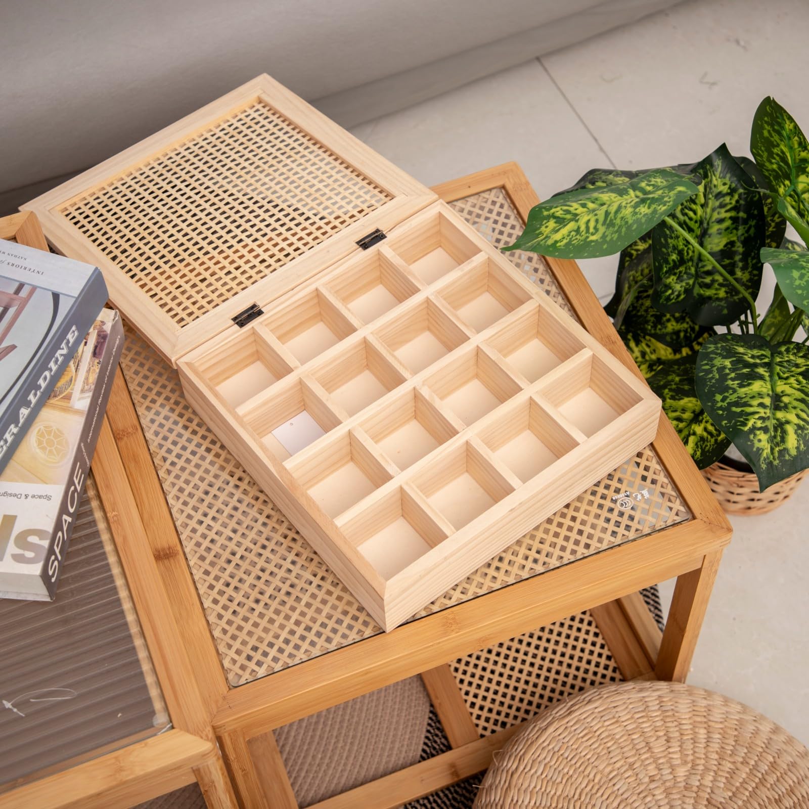JJSQ Boîte à thé en bois à 16 compartiments avec couvercle pour comptoir, idée cadeau, naturel, 33 cm (16 compartiments)