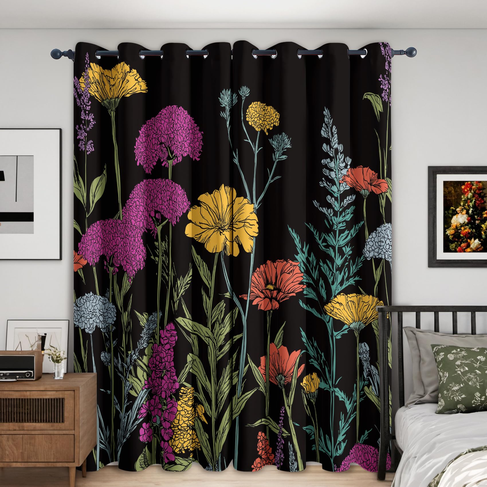 Rideaux thermiques à oeillets occultants pour chambre salon à motif fleurs sauvages