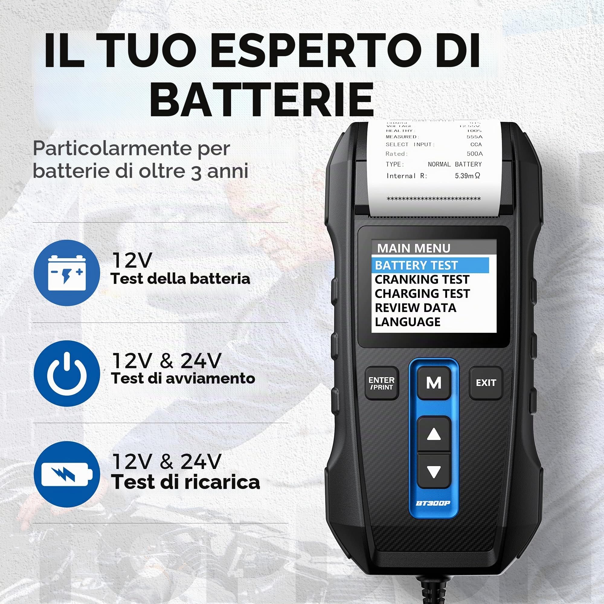 Tester Batteria per AutoTOPDON BT300P, 12V 24V Tester Batteria Con Stampante Analizzatore Professionale Della Batteria Dell'automobile Per Le Batterie 100-2000CCA