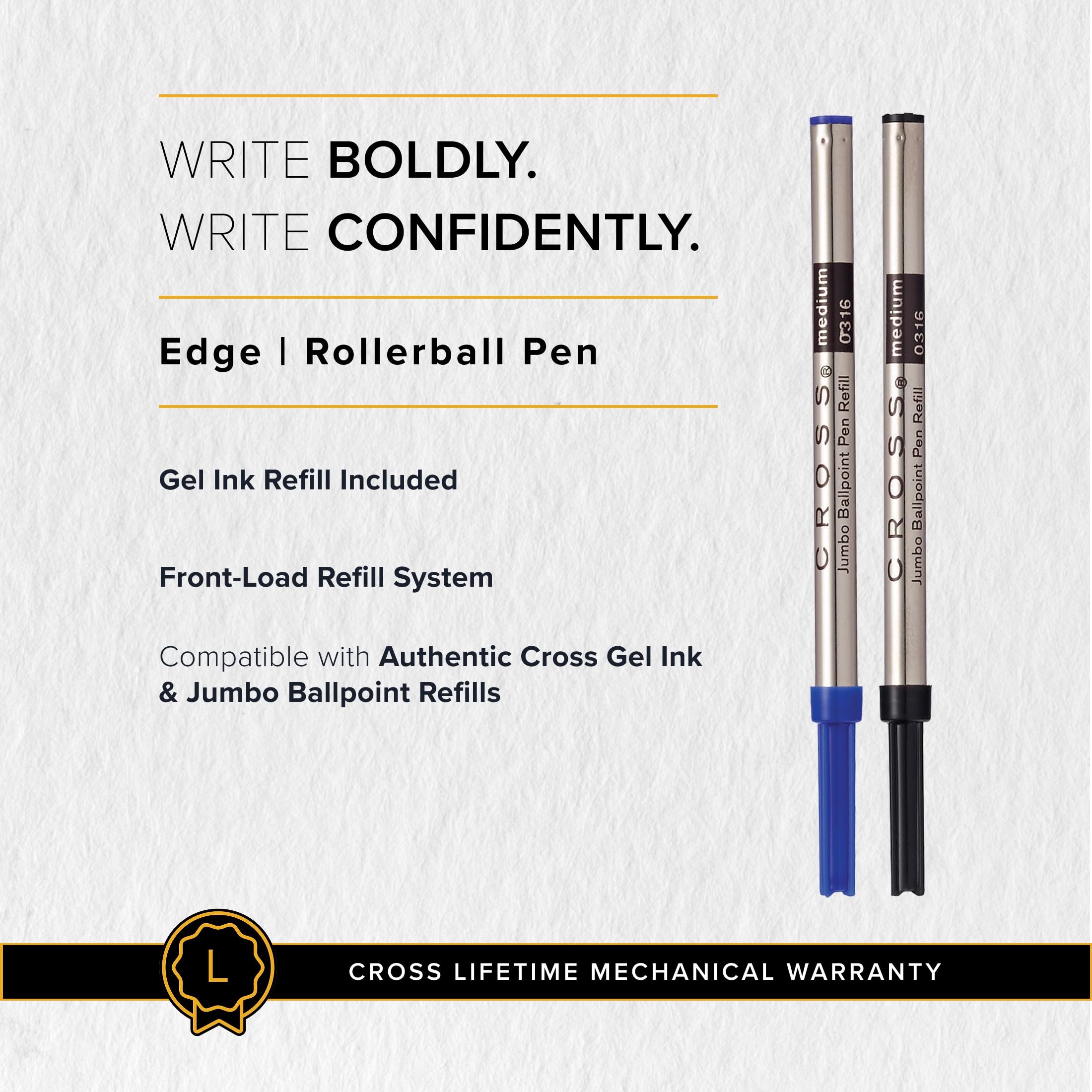 Cross Edge Rollerball (grubość kreski M, kolor wkładu: czarny, do wielokrotnego napełniania, w zestawie pudełko prezentowe premium) niebieski