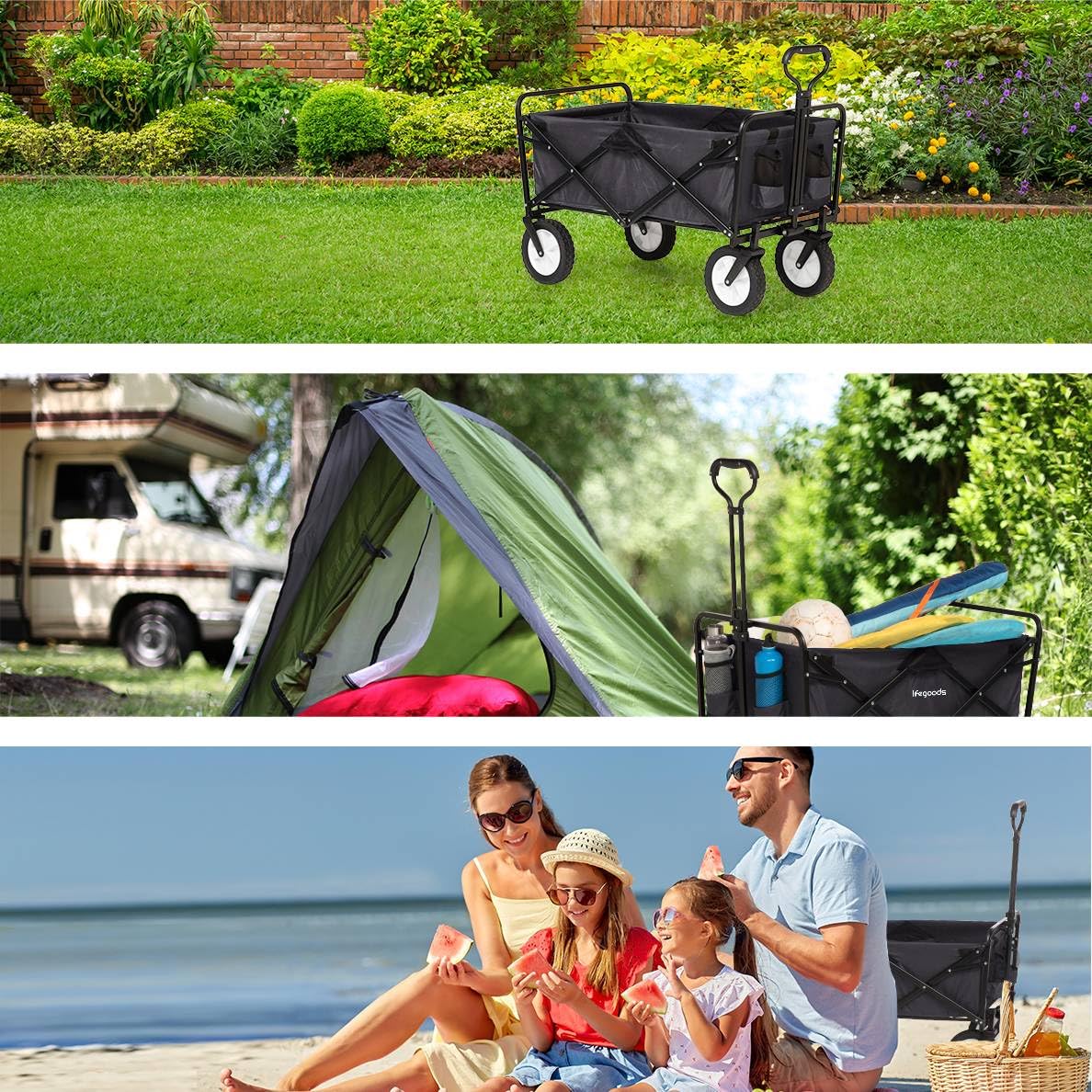 LifeGoods Chariot Pliable Enfant - Chariot De Transport - De Jardin - De Plage - Roulettes Pivotantes - 2 Stands - Capacité De Charge 70KG - Noir