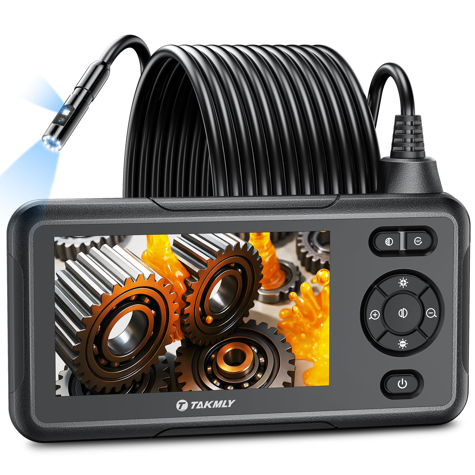 Industrial Dual Lens Endoscope, 1080P Digital Borescope Inspection Camera, 8mm IP67 Waterproof, with 4.3" LCD Screen, 8 LED Lights, 16.5ft Semi-Rigid Cable