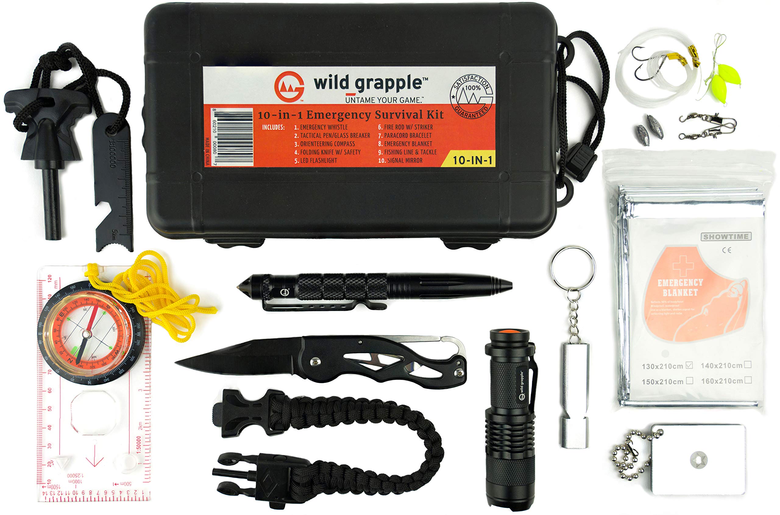 10-in-1 Emergency Survival Kit - Tactical Pen, Knife, Emergency Blanket, Fire Rod, Flashlight, Compass, Whistle, Paracord, Fish Line/Tackle & Signal Mirror + Compact Gear Box