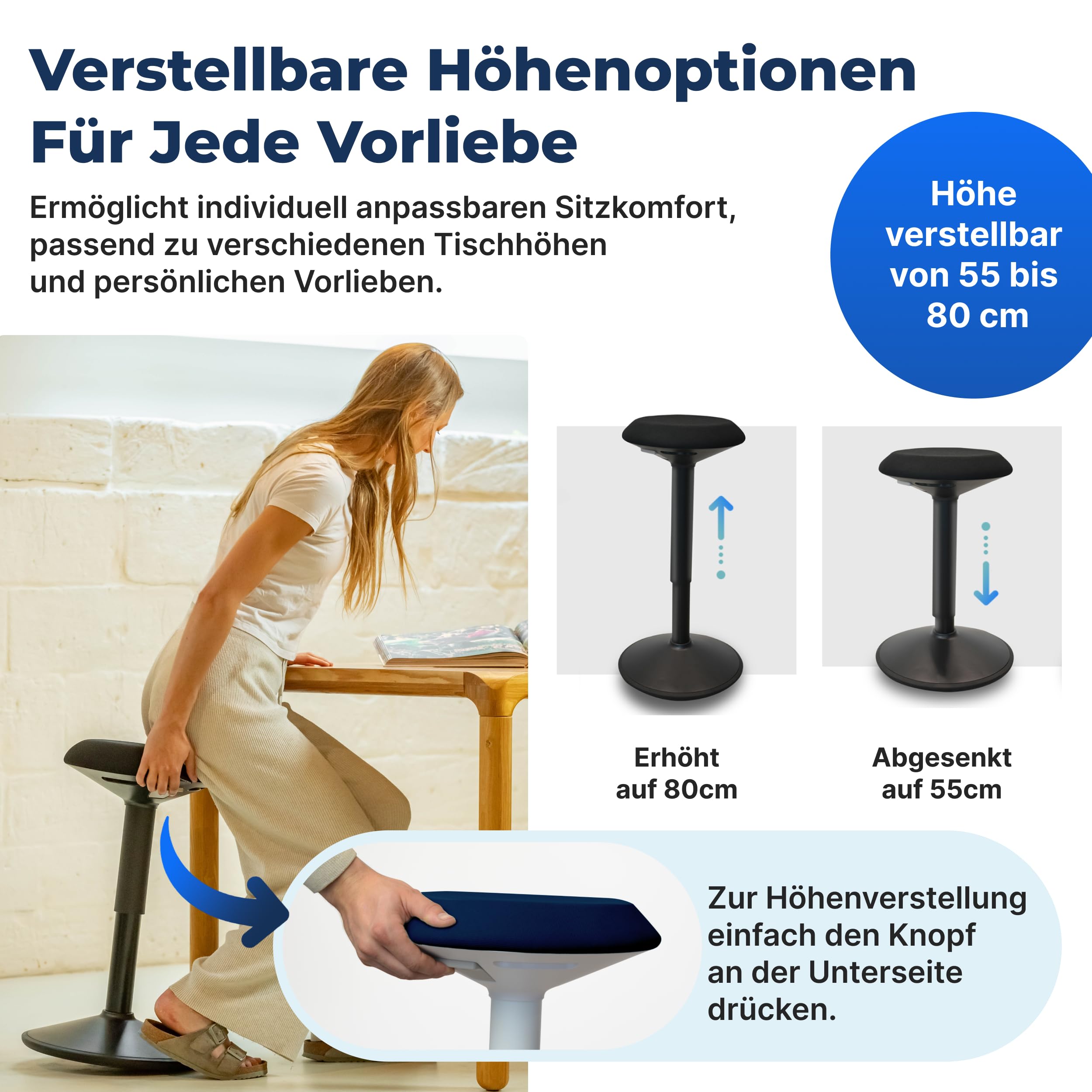 Backerz Ergonomischer Hocker - Bürohocker Testsieger mit 55-80 cm Stehhocker Höhenverstellbar mit Schwingeffekt - Büro Stehstuhl - Rutschfester Sitzhocker Ergonomisch - Wackelhocker Büro - Blau