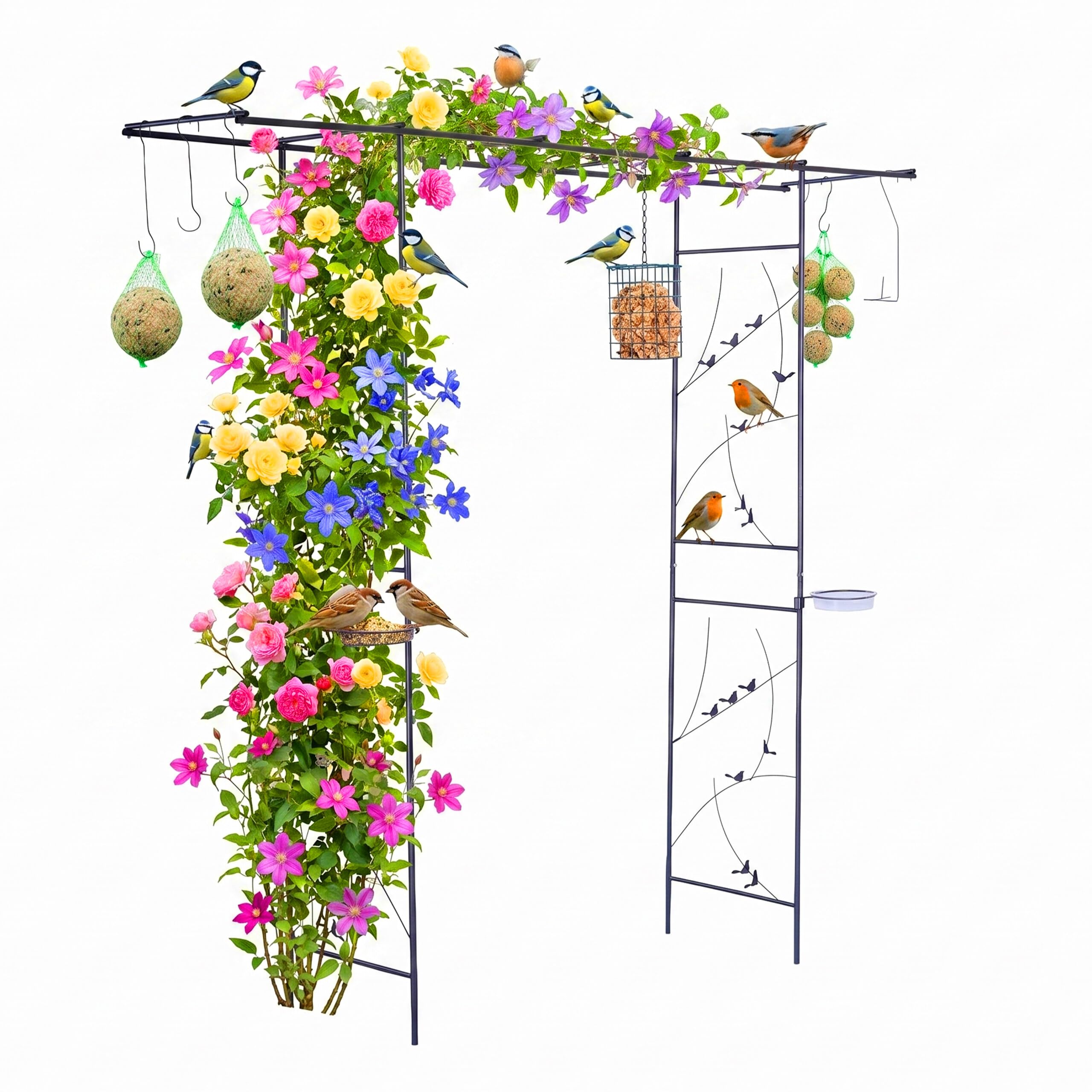 Relaxdays Arceau rosiers « Paradis des Oiseaux », tuteur, Bain, mangeoires, H x l x P : 208 x 210 x 50 cm, métal, Noir