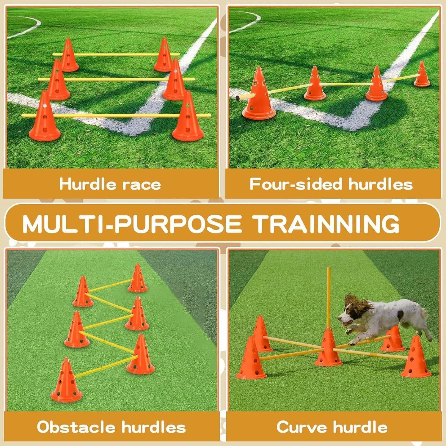 Shengruili Agility zestaw płotek dla psów, płotki dla dzieci, 8 stożków, wysokość 23 cm + 8 drążków o długości 100 cm, do ćwiczeń dla zwierząt i treningu piłki nożnej