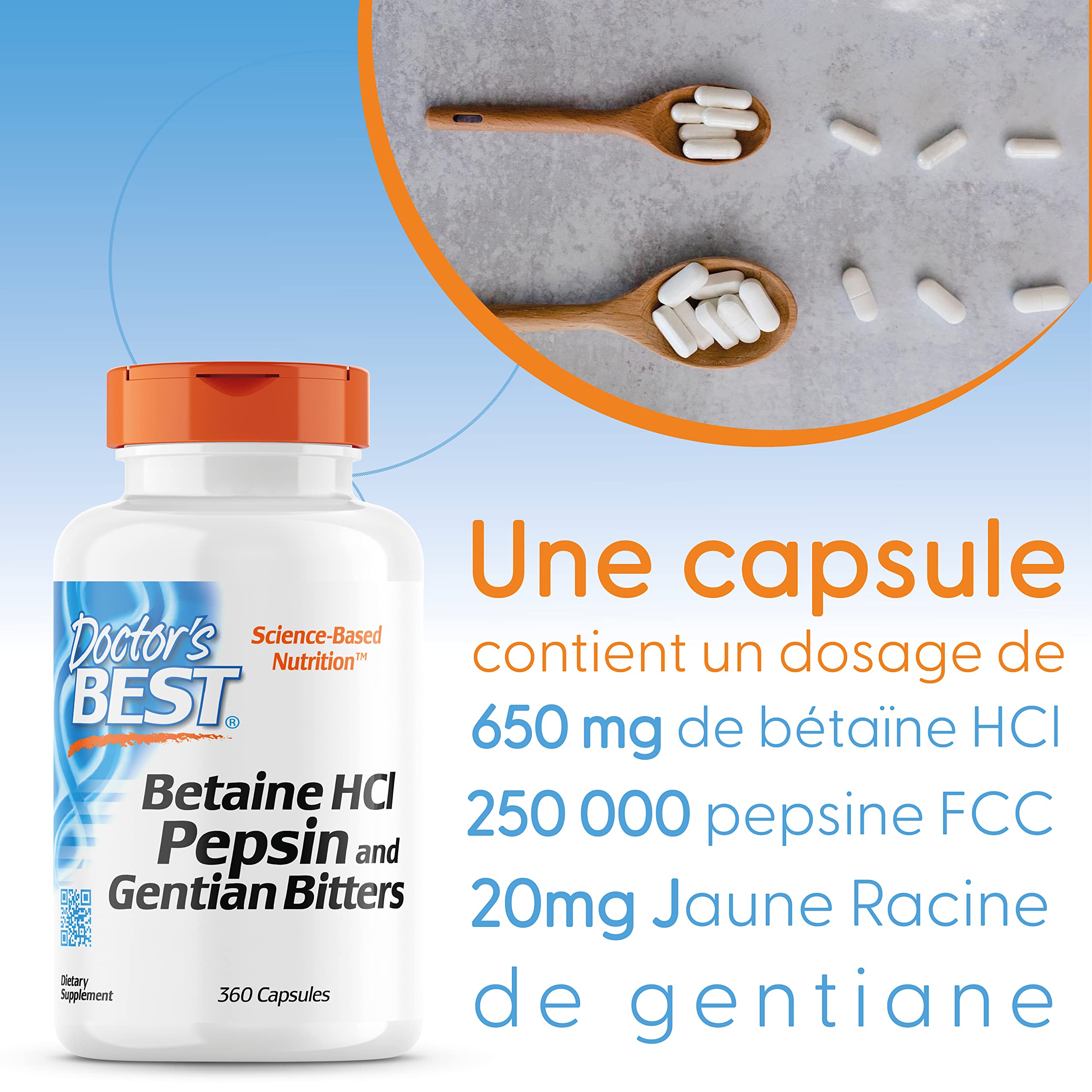 Doctor's Best, Betaine HCI avec Pepsine et Gentiane Amère, 650 mg, 360 Capsules molles, Hautement Dosé, Testé en Laboratoire, Sans Soja, Sans Gluten, Non-GMO