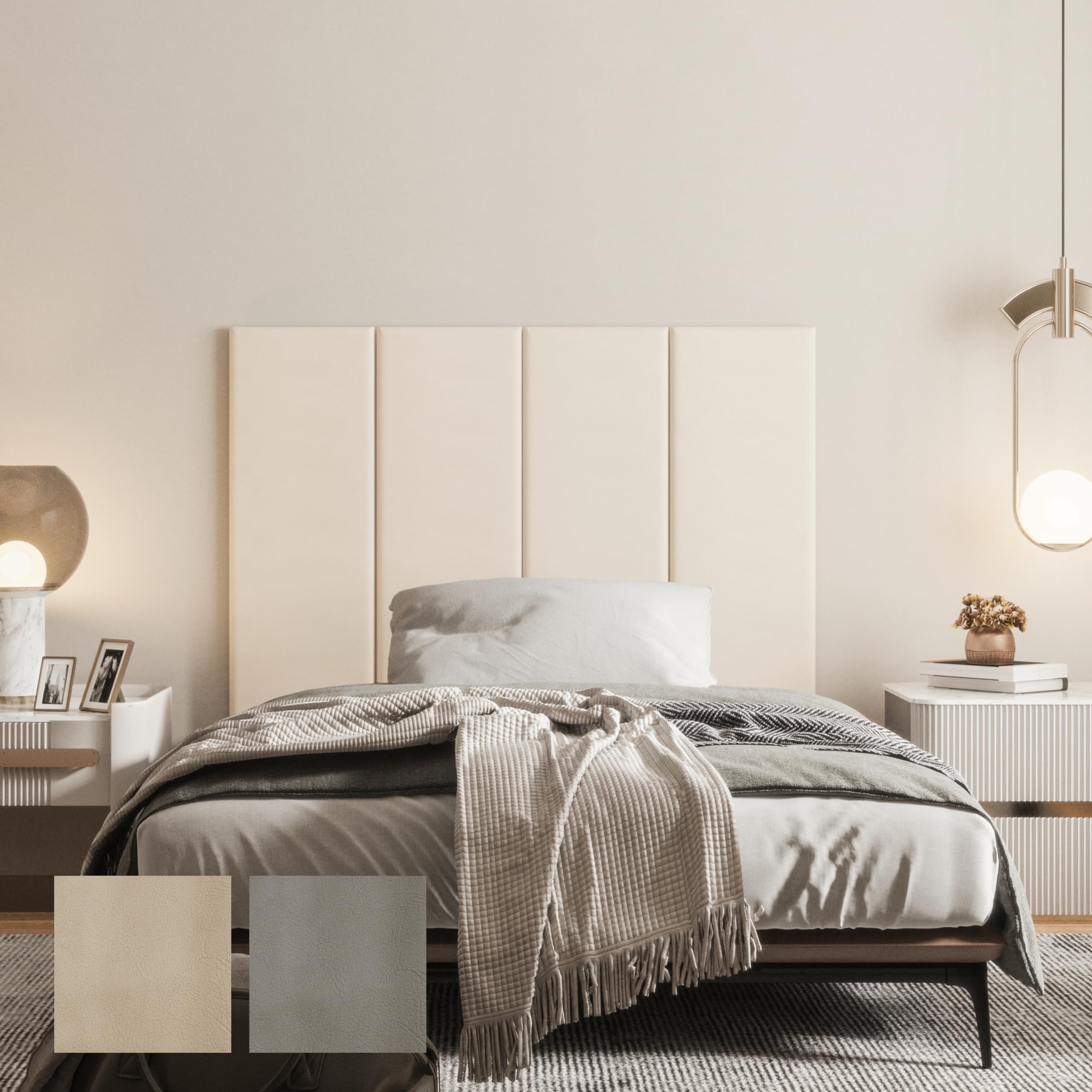 Johnear Lot de 4 coussins muraux 3D, en cuir rembourré, pour tête de lit, décoration murale, acoustique, pour chambre d'enfant, 90 x 30 cm, beige