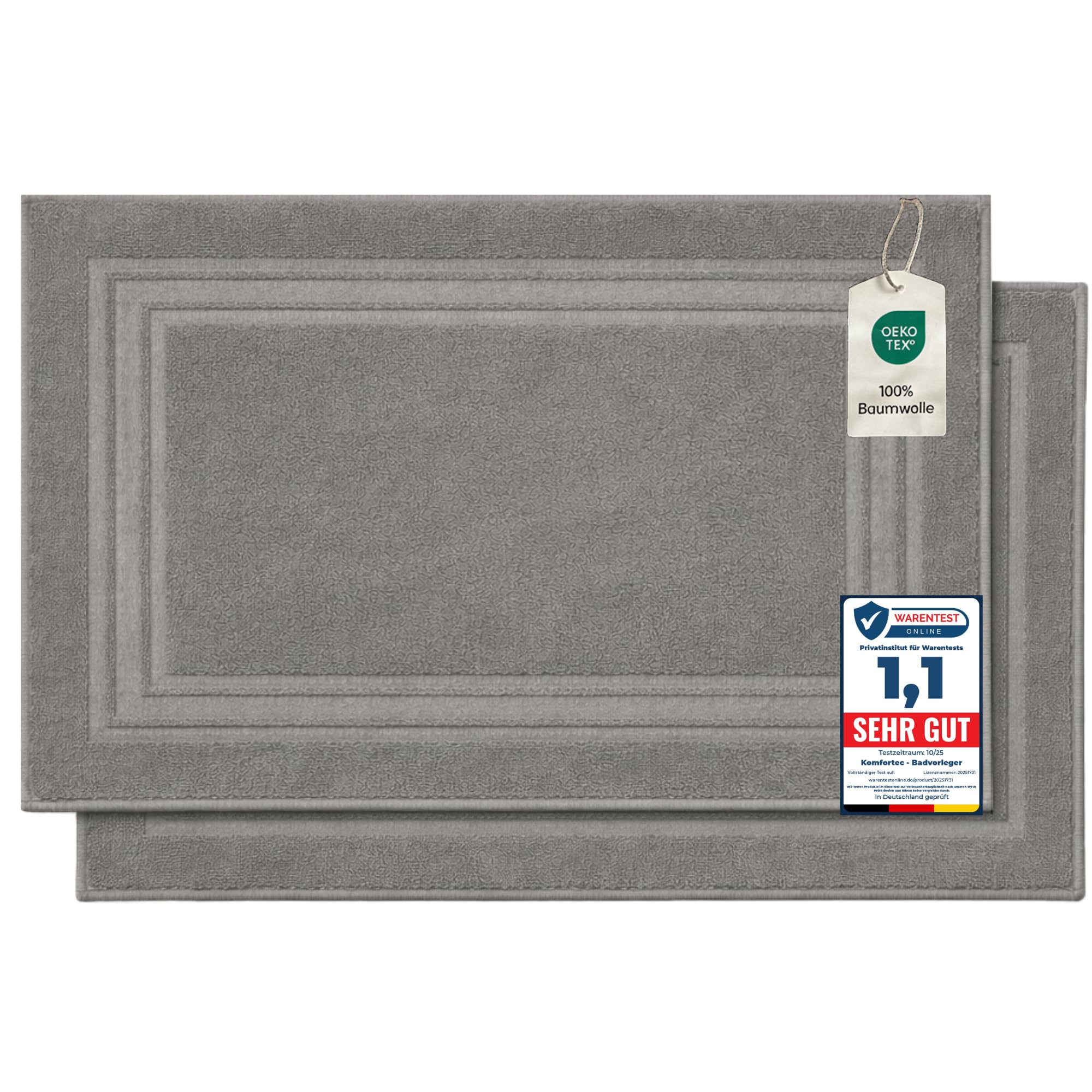 Komfortec Set of 2 Bath Mats Made of 100% Cotton, 600 GSM, Washable Bath Mat, Absorbent, Terry Cloth, 50 x 70 cm, Light Grey — image 1