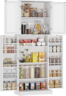 Function Home 64" Kitchen Pantry Cabinet, Freestanding Storage Cabinet, Tall Cupboard with Glass Doors and Adjustable Shelves, Utility Floor Cabinet for Kitchen Dining Living Room Bathroom, White