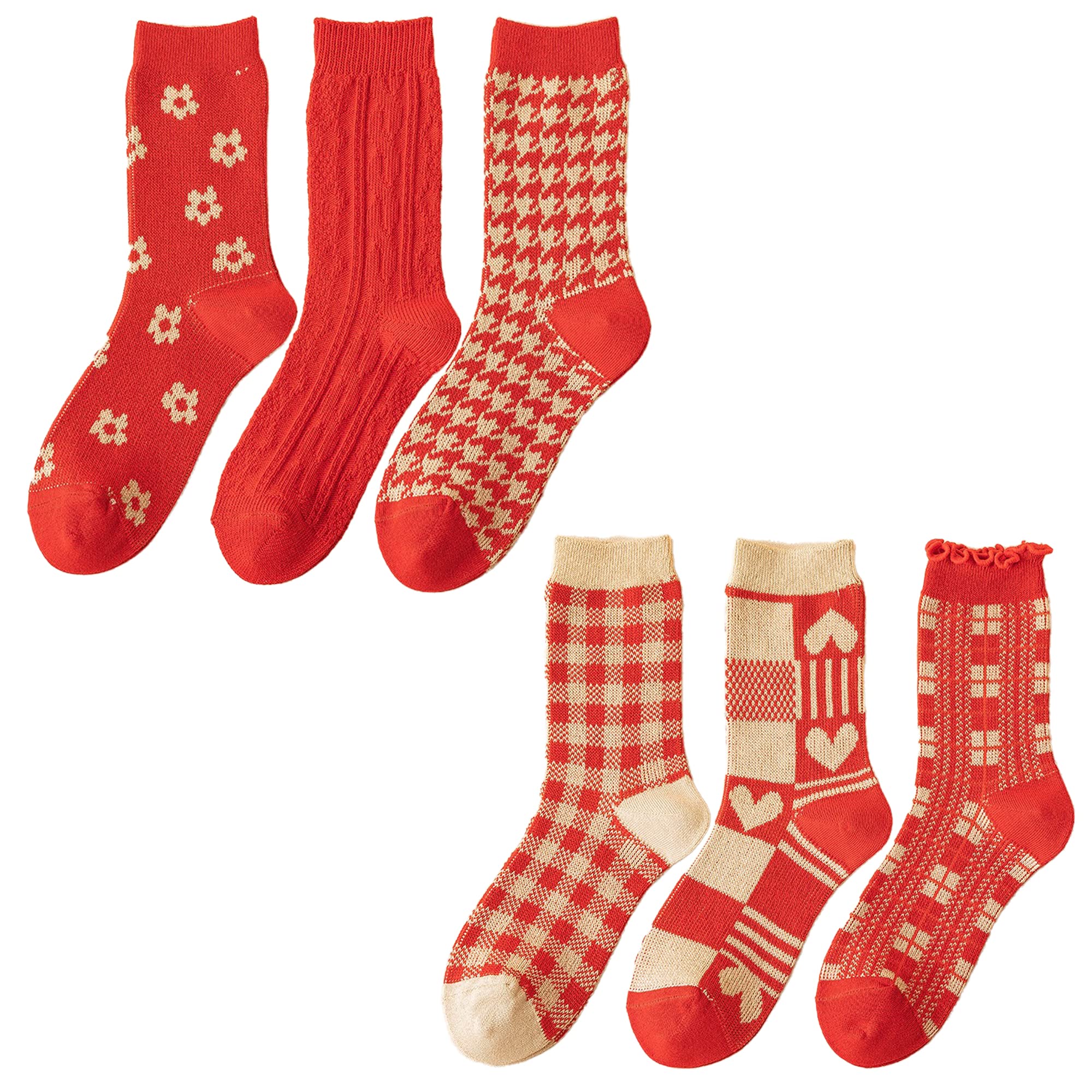 Teendi Chinese New Year Red Patterns Women's Socks, Gifts for Spring Festival (6 Packs of Good Luck Socks)