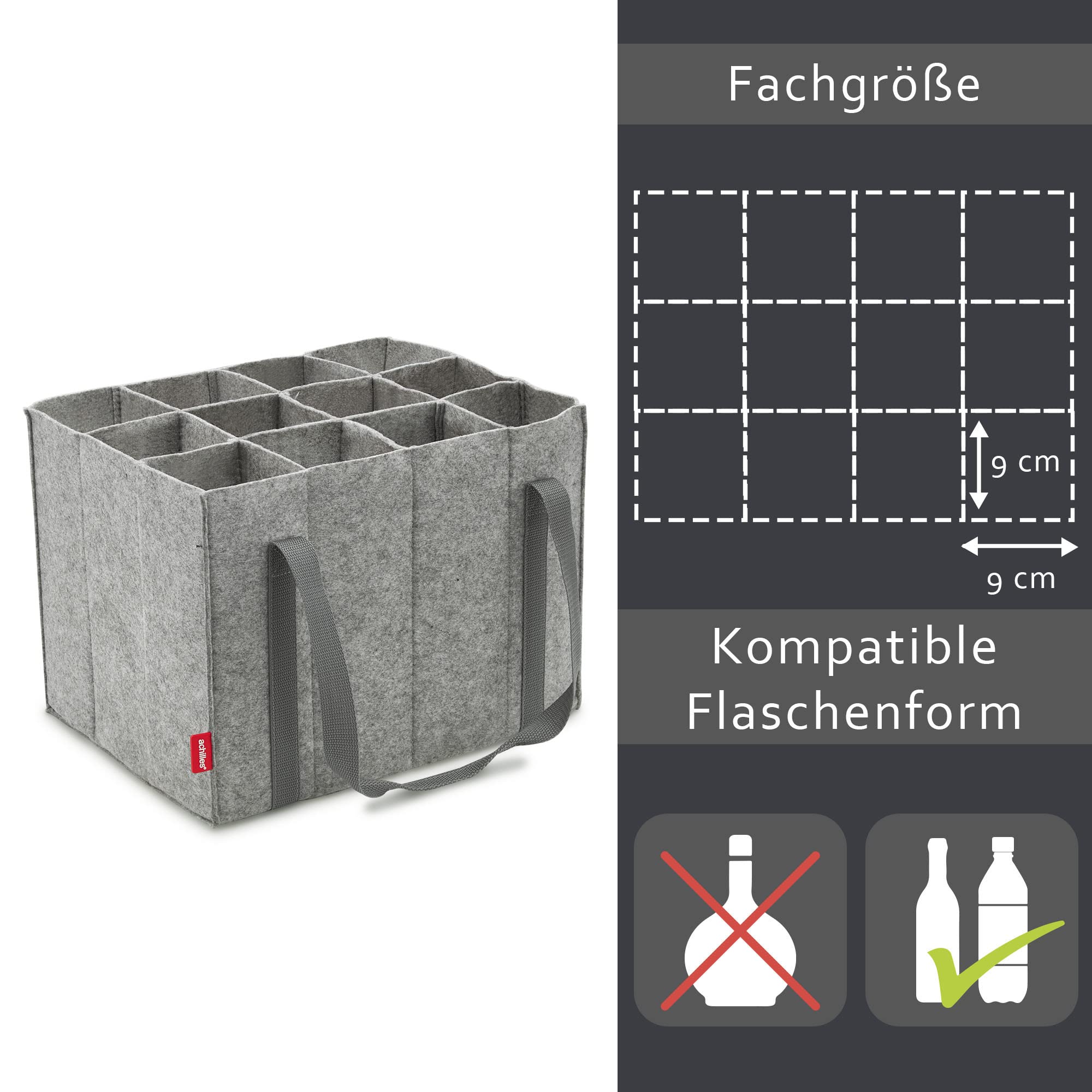 achilles Borsa per Bottiglie Con 12 Scomparti, Anche per Bottiglie Da 1,5 Litri, Borsa per Bottiglie In Feltro, 100% Riciclato (Grigio)(Per 12 bottiglie)