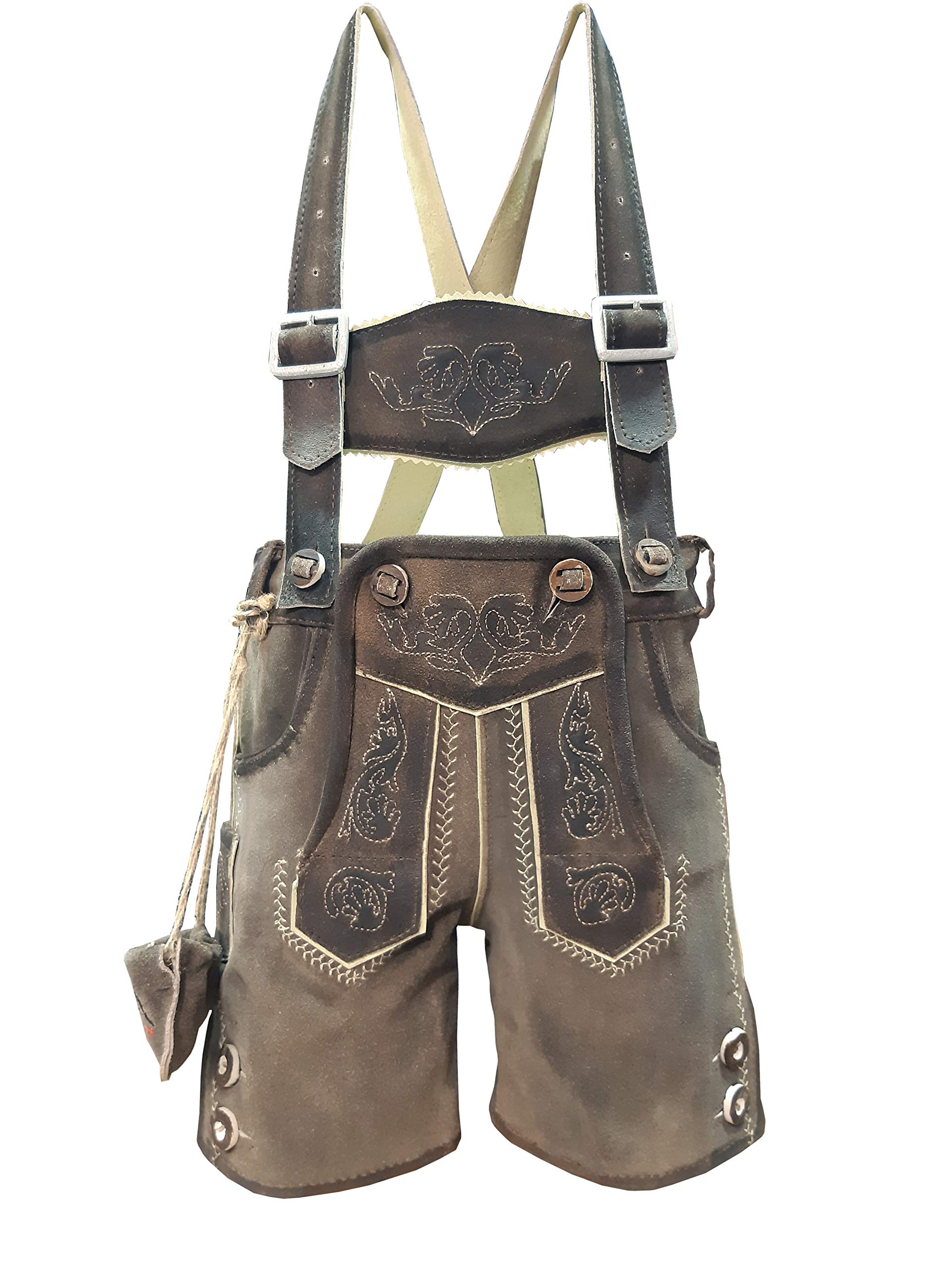 Kinder Trachten Lederhose, kurz mit Träger, Echtes Leder, Weiches Veloursleder, Braun, Sandro