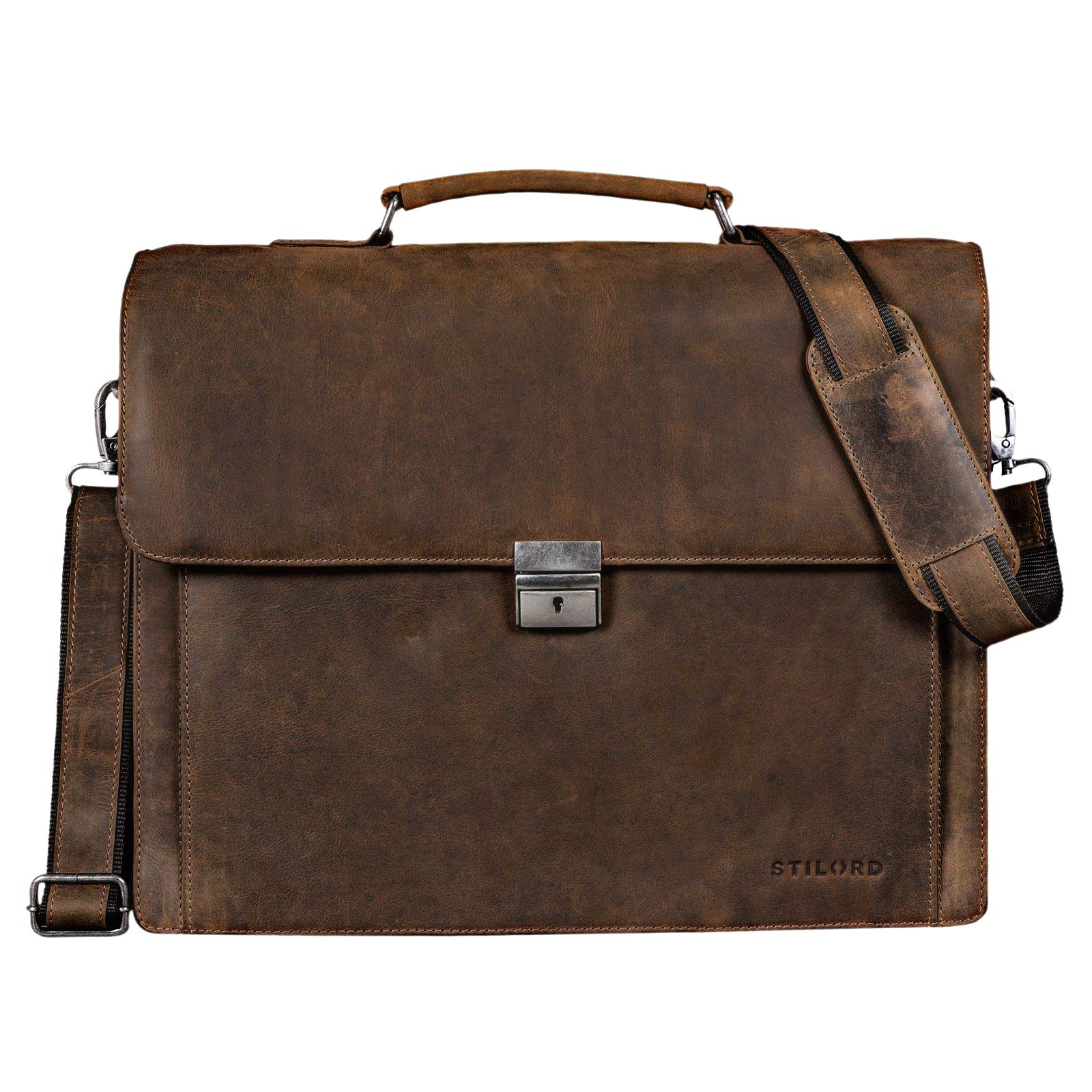 STILORD Johann Klassische Aktentasche Herren Damen Businesstasche für 15,6 Zoll Laptop passend für große DIN A4 Ordner mit Schloss Rinds Leder Farbe:Sepia-braun