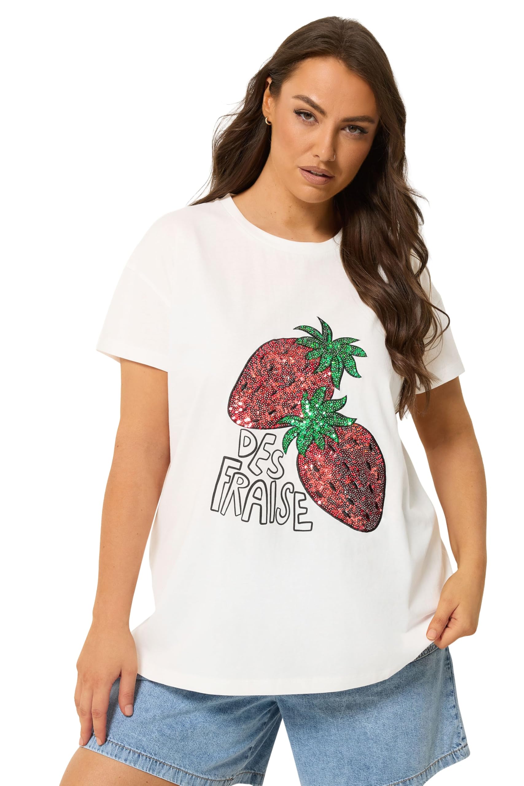 Yours Women's White Sequin Embellished Strawberry T-Shirt In | Size: 20
