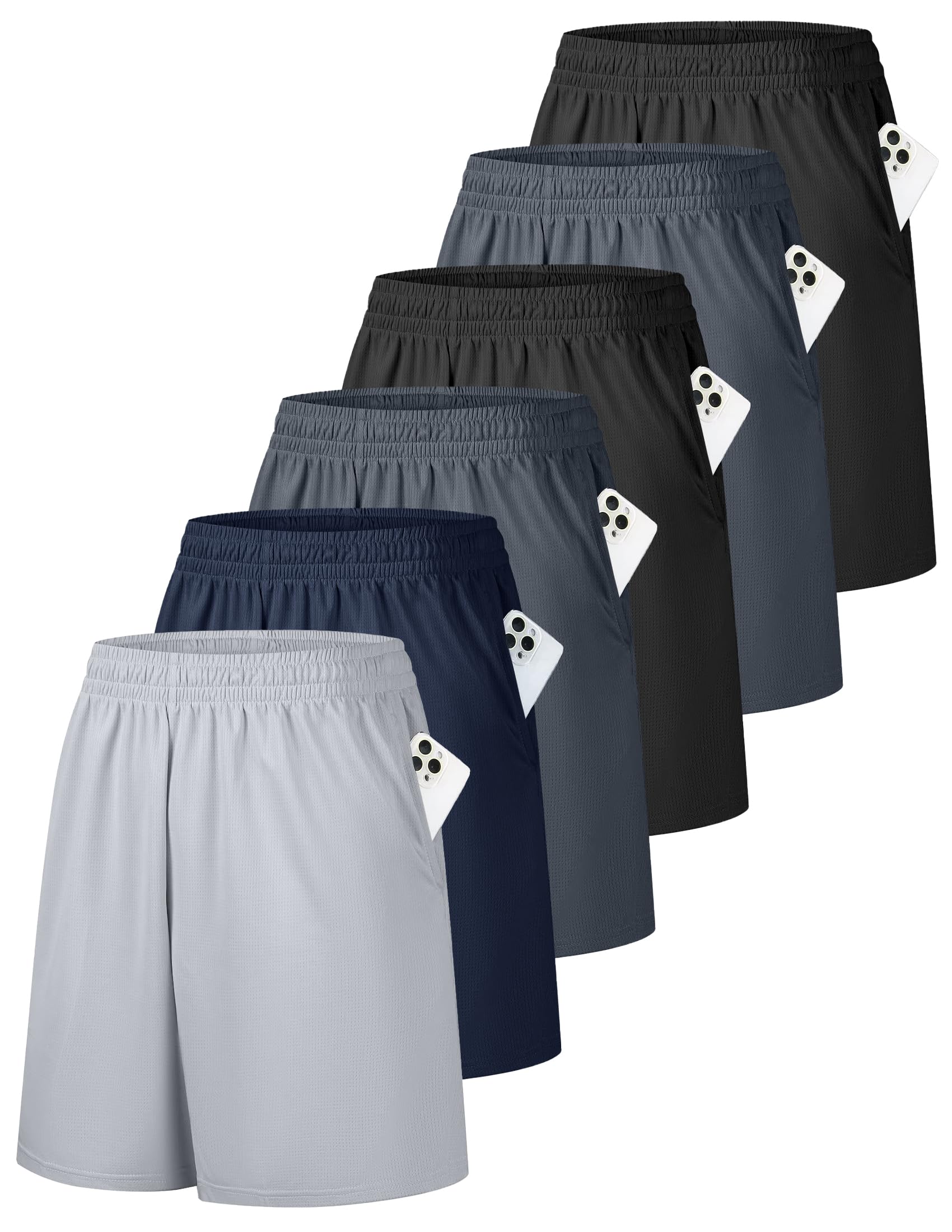 OYGSieg 6 Pack Mens Mesh Athletic Basketball Shorts Gym Shorts with Pockets, Quick Dry Workout Running Shorts Casual for Men