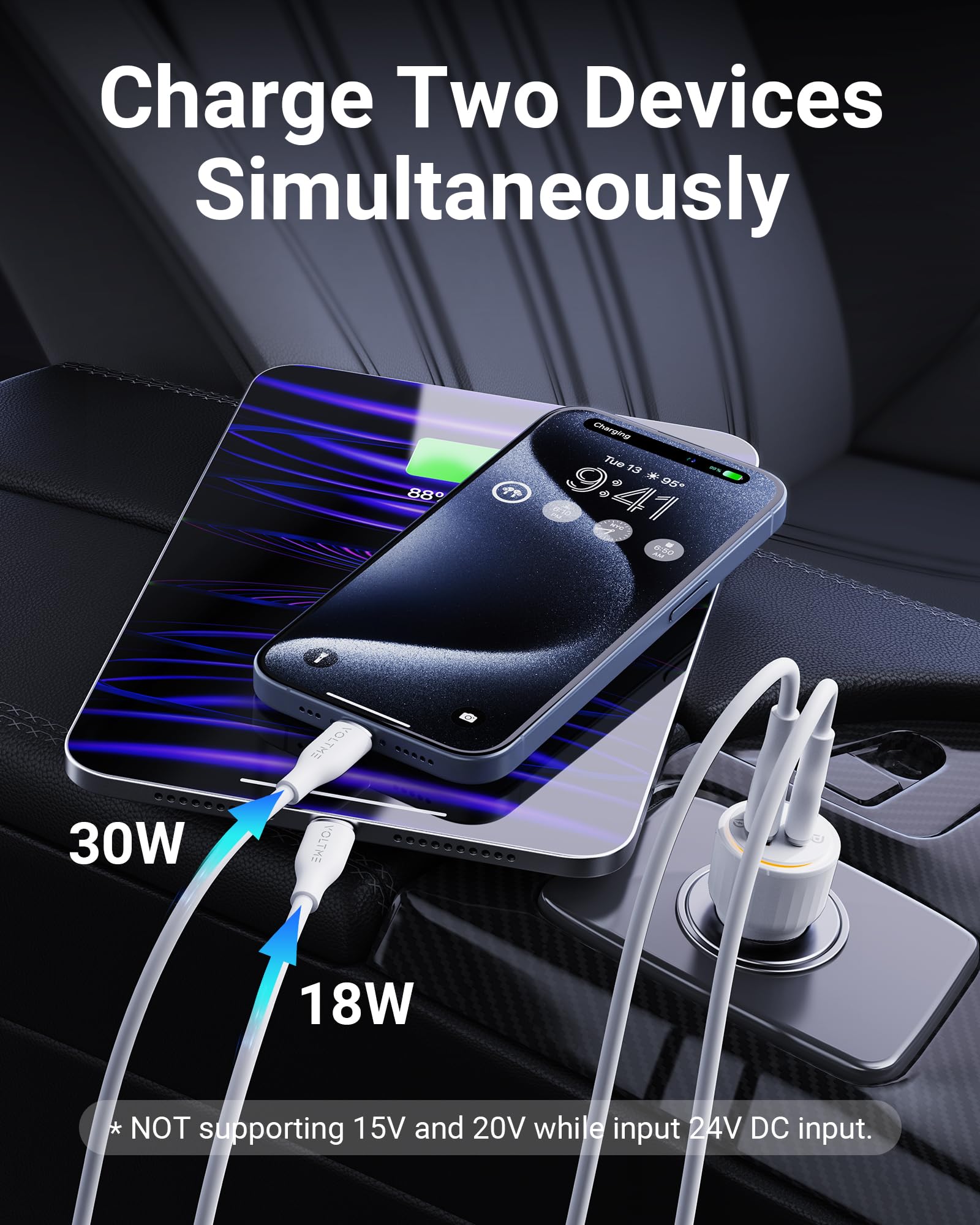 VOLTME USB C Accendisigari 48W 2 in 1 Bianco, Caricabatterie Auto Accendisigari Auto 48W, Caricatore Rapido USB C PD/QC Presa Accendisigari Compatibile con telefono, tablet, Pixel, Samsung S22/S23