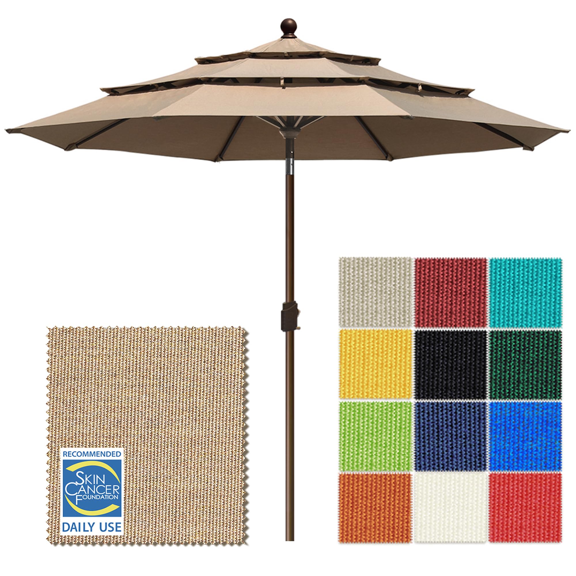 eliteshade usa 10-year-non-fading 10ft 3-tier market patio umbrella, commercial grade outdoor table umbrella with crank open, windproof & upf 50+ uv protection, heavy duty ventilation for garden, deck, pool, backyard, beach & bistro, heather beige