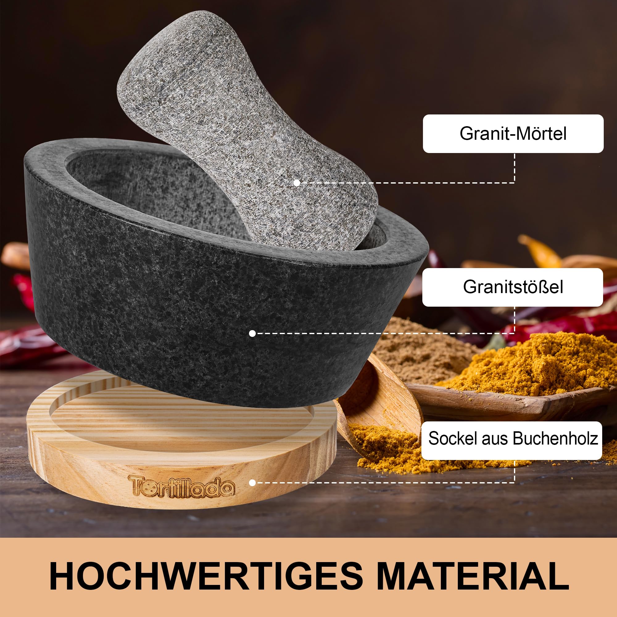 Tortillada - 16 cm XXL Mörser mit Stößel Holz Set groß aus Naturgranit mit kratzfestem Holzsockel Granit - Gewürzmühle geeignet für Gewürze, Nüsse und Kräuter mit 50 Rezepten, schwarz