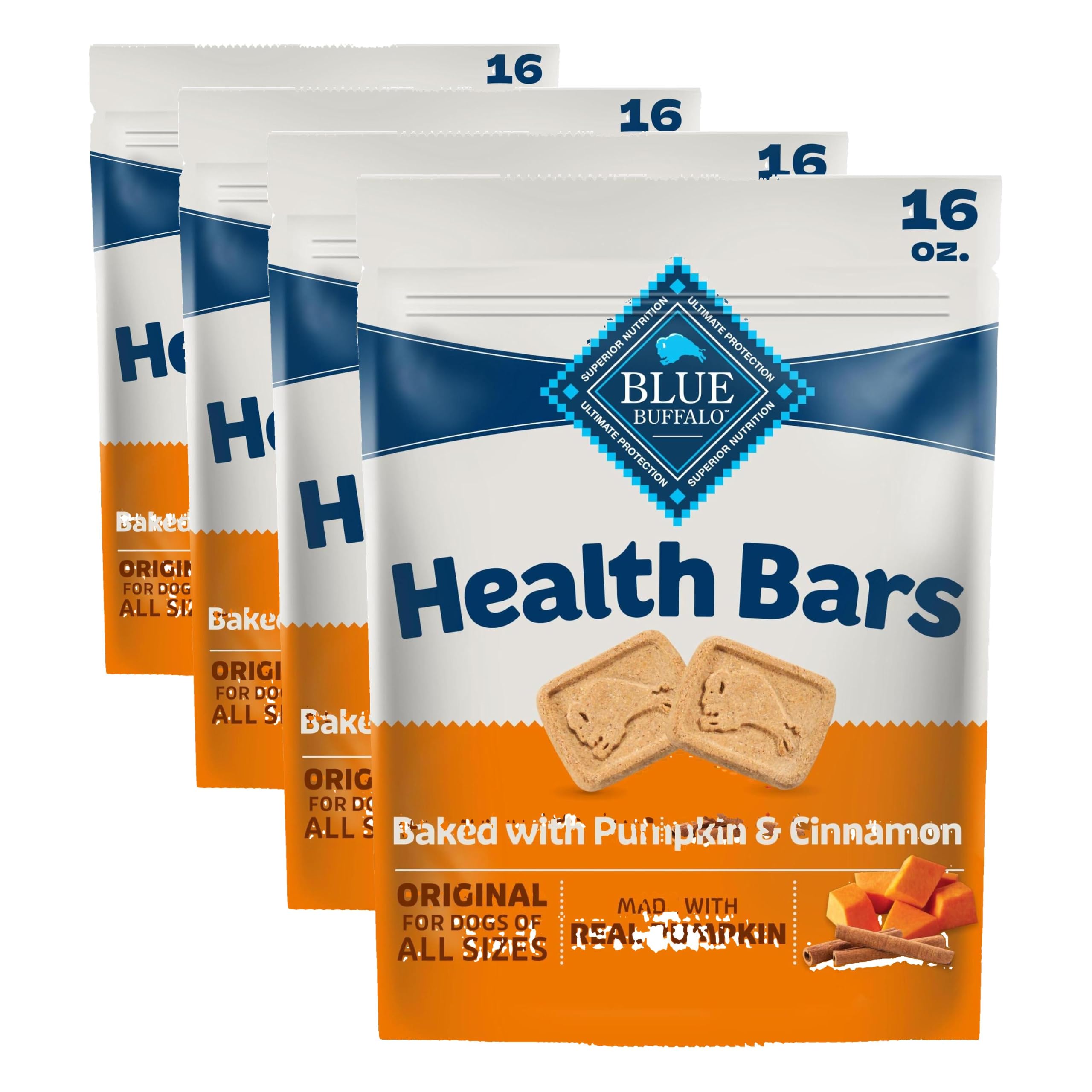 Blue Buffalo Health Bars Pumpkin &amp; Cinnamon Crunchy Dog Biscuits, Oven-Baked with Pumpkin &amp; Natural Ingredients, Healthy Dog Treats with No Artificial Flavors or Preservatives, 16 oz. (Pack of 4)