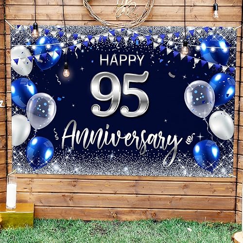 Cartel de fondo de feliz 95 aniversario, decoración plateada con purpurina de 95 años, decoración temática de fiesta de aniversario de boda,