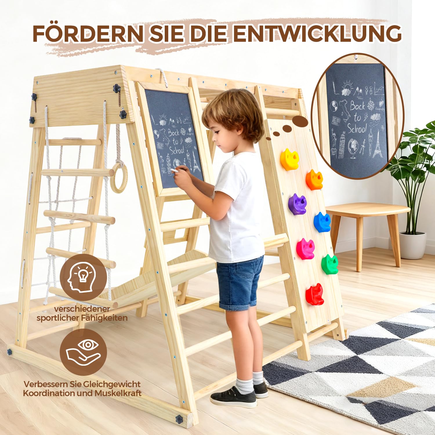 Maxi Telaio da Arrampicata per Interni Pieghevole 10 in 1 Montessori con Lavagna Scivolo Altalena Parete da Arrampicata