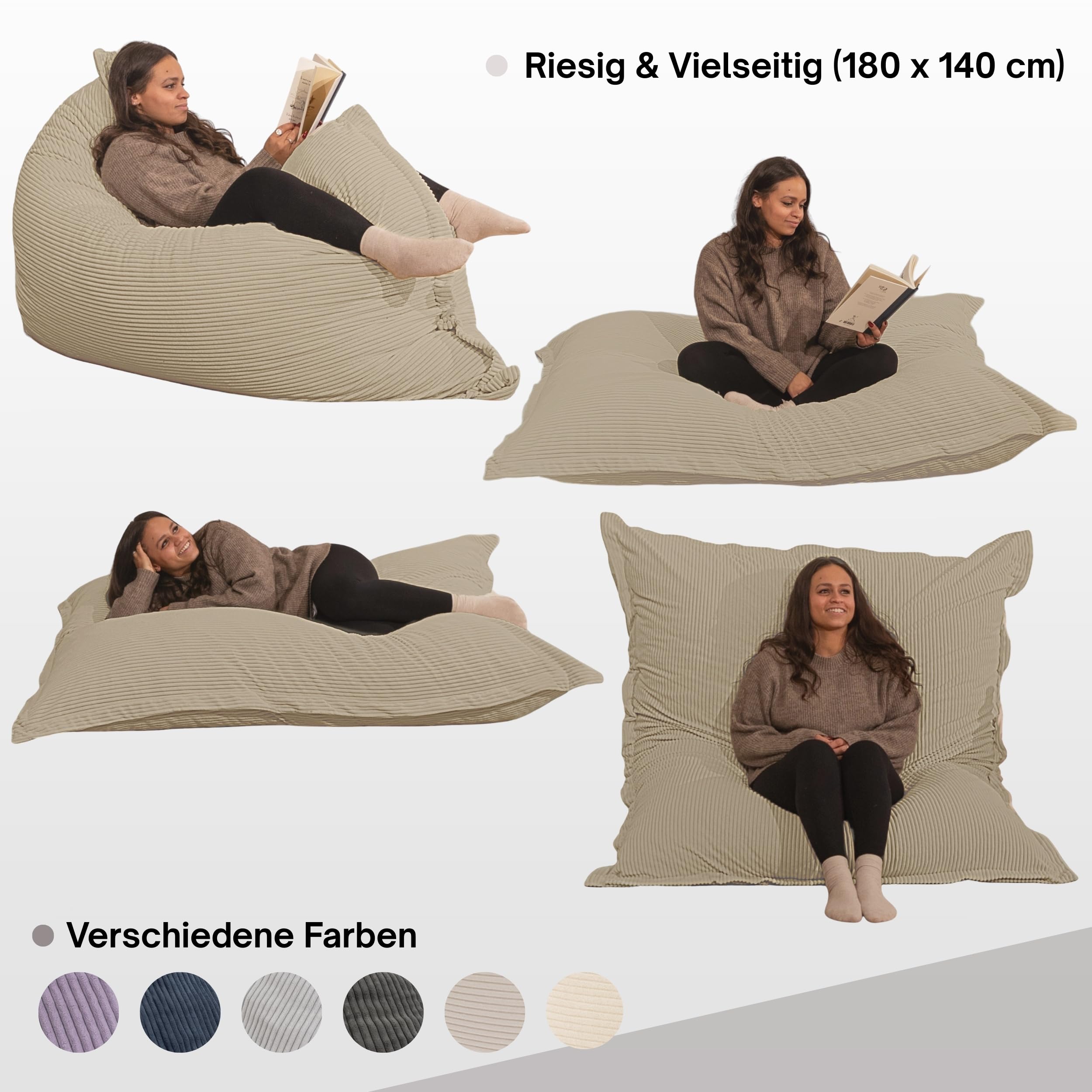 bananair - Sitzsack XXL aus Cordstoff für Kinder und Erwachsene, Weich und Bequem, Maschinenwaschbarer Bezug - Sitzsack mit Füllung, Giant Bean Bag, Puff, Bodensofa (180x140 cm, Beige)