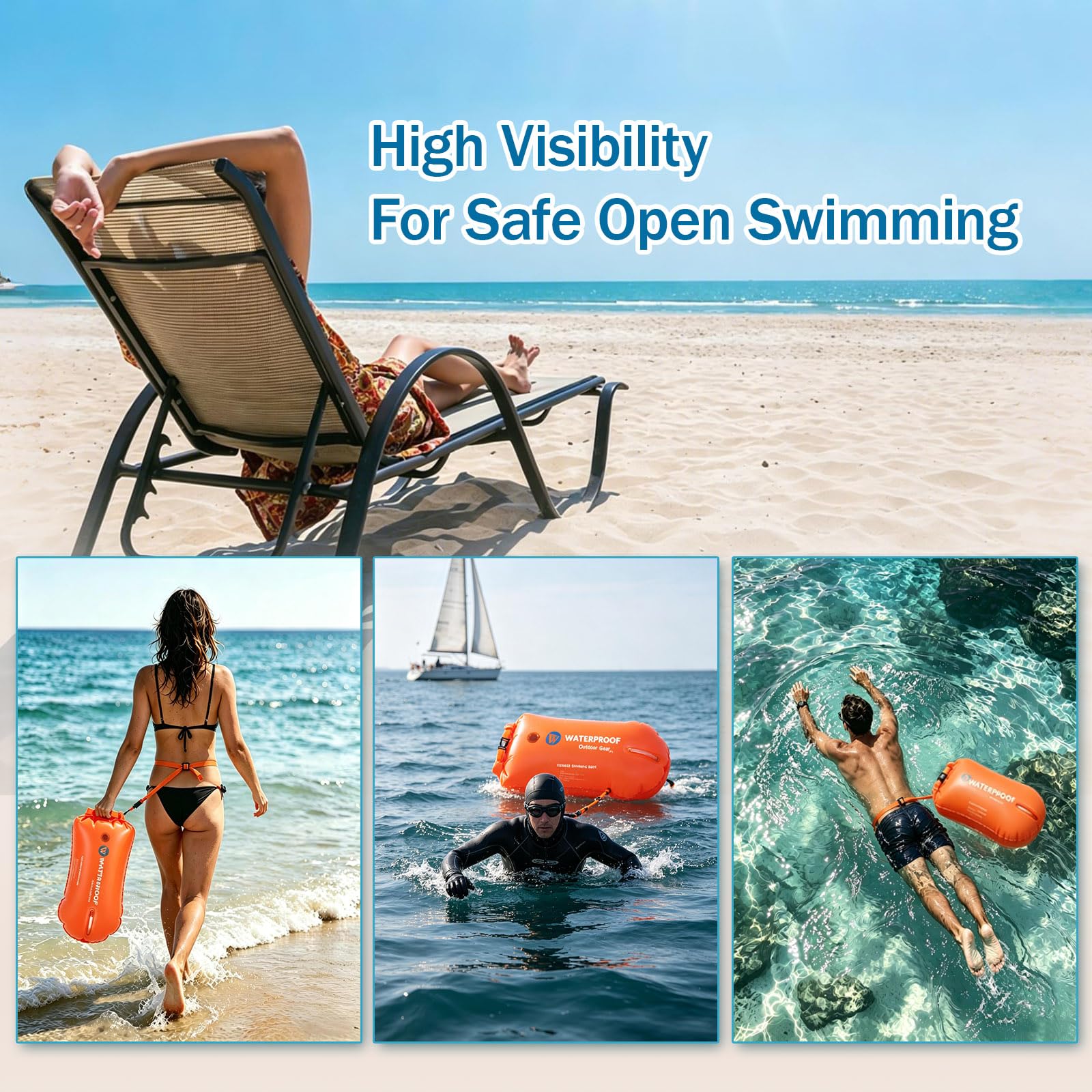 Schwimmboje mit Touchscreen-Fach für Triathlon & Freiwasser | Sicherer Auftrieb, wasserdichtes Trockenfach, Doppelkammer, bis 100 kg, 0.35 mm PVC, sichtbar im See, Strand, Familie, Geschenk