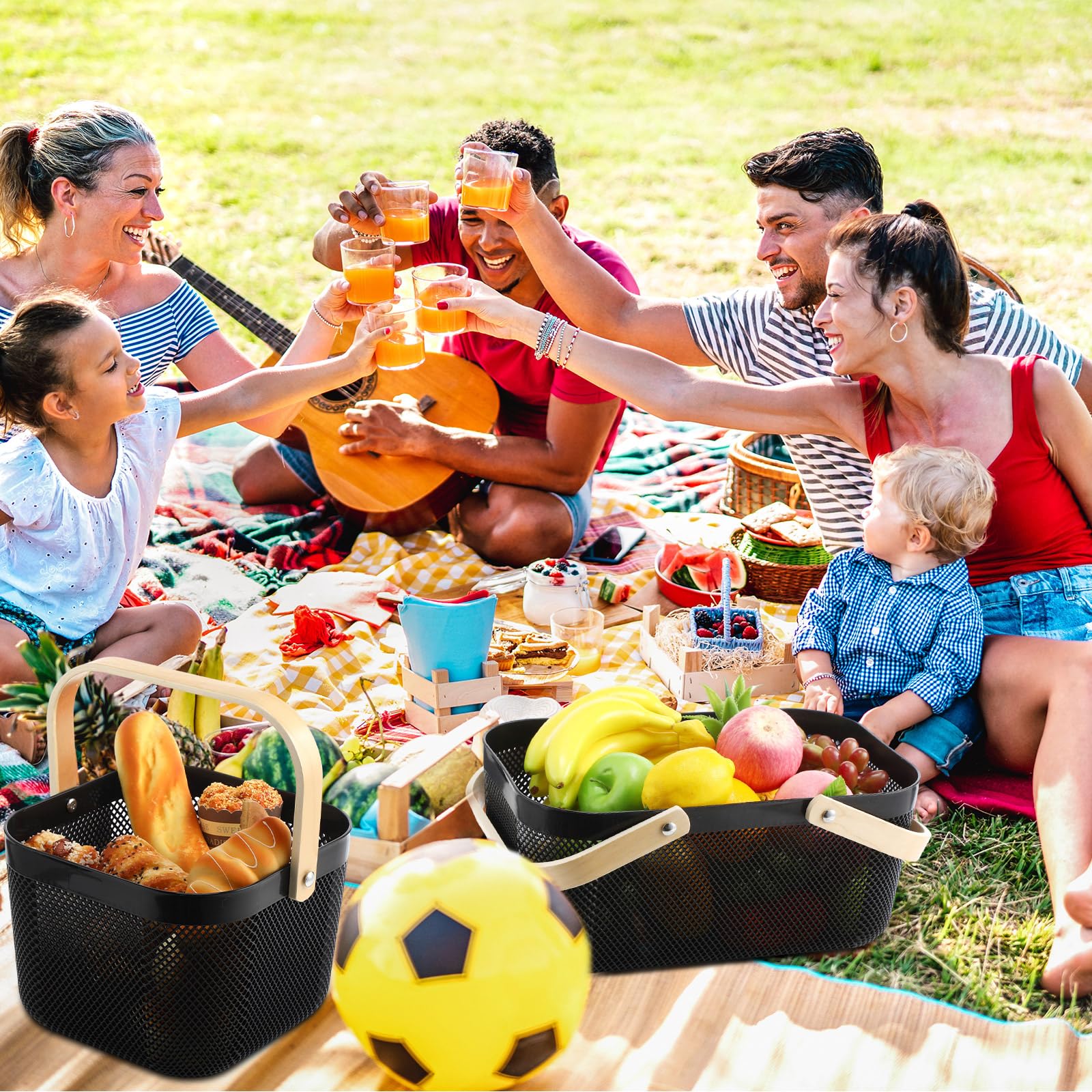 Sadnyy 4 Stück Kunststoff-Netz-Garten-Erntekorb, Aufbewahrungskorb mit Holzgriff, multifunktionaler Netzkorb für Küchenschrank, Picknick, Obst, Gemüse, Versammlung, Organizer, groß, klein, schwarz