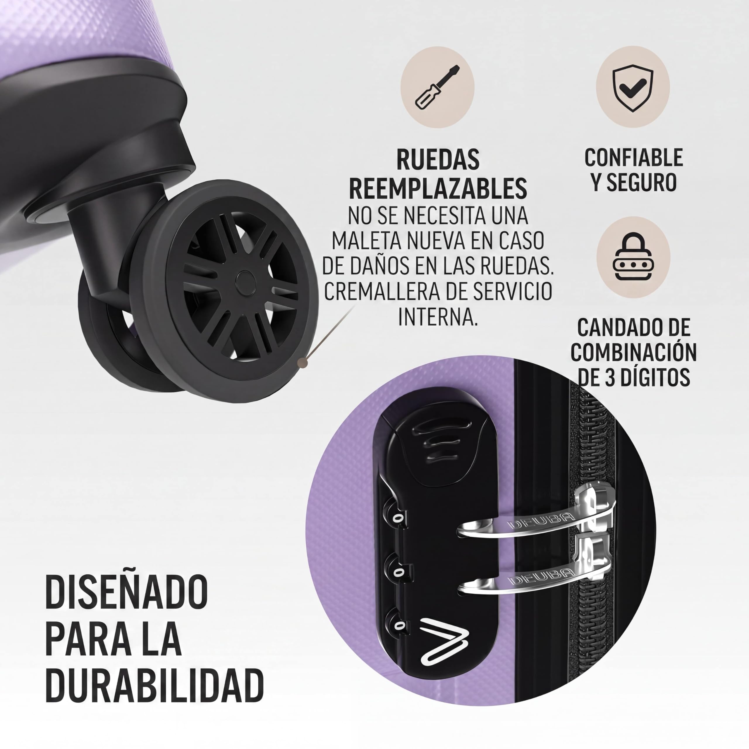 DEUBA® Juego de Maletas de Viaje Rígidas ABS 3 Piezas Asa Telescópica Correas Compartimientos Resistente Trolley Ruedas 360° Cerradura Combinación Apilables Lila Pastel