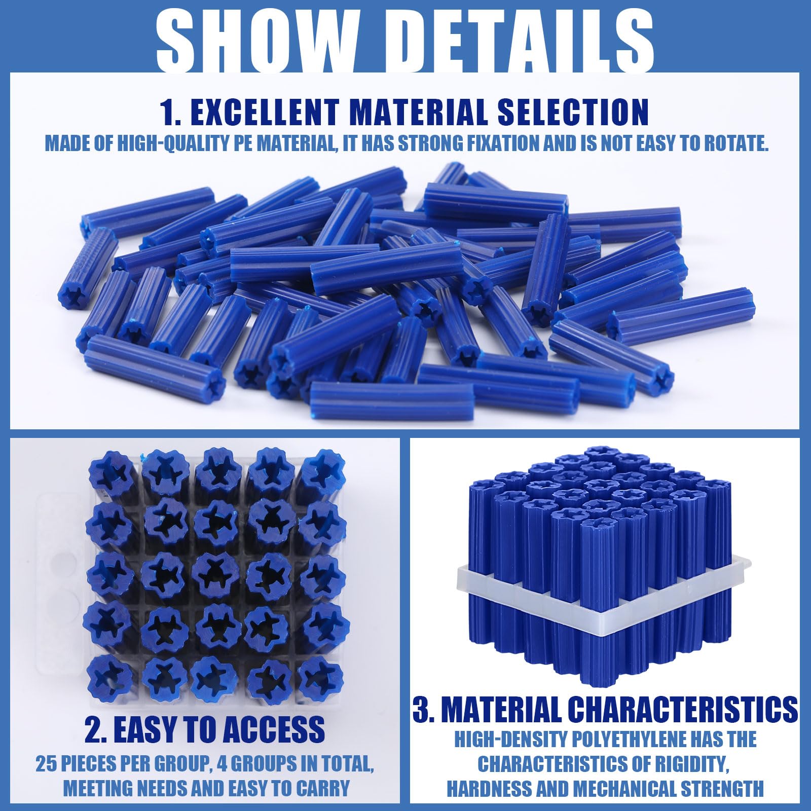 Lineshading Lot de 100 ancrages extensibles en plastique pour béton de 1,6 cm x 3,8 cm pour vis #14 ou vis tire-fond 1/4 bleues, ancrages de cloison sèche pour murs creux, carrelage, ciment et boulon