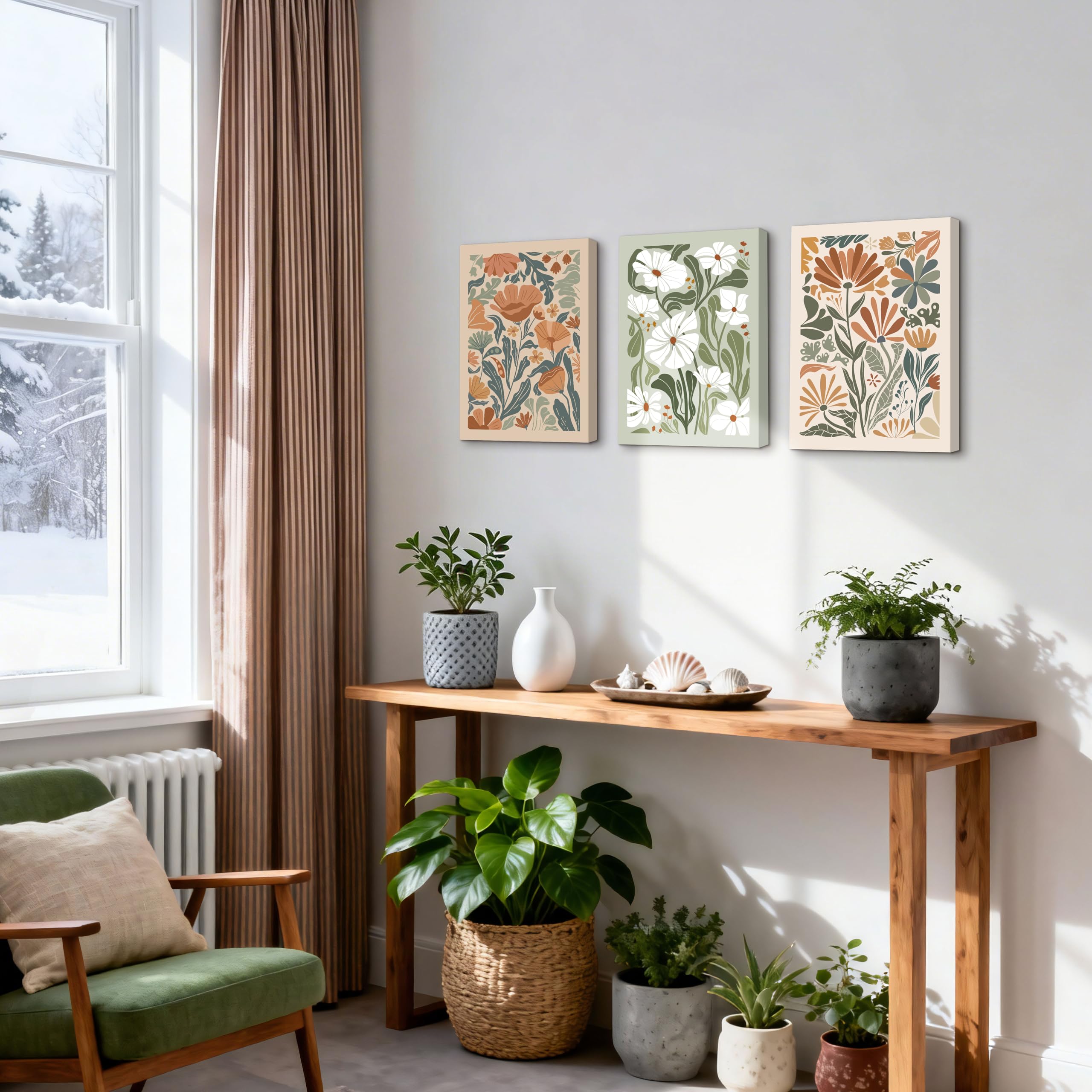 Abstract Floral Framed Canvas Wall Art Boho Floral Botanical Print Set of 3 Green Beige Wildflower Flower Market Paintings Modern Minimalist Pictures Decor Bedroom Bathroom Living Room Office 16"x24" - Image 6
