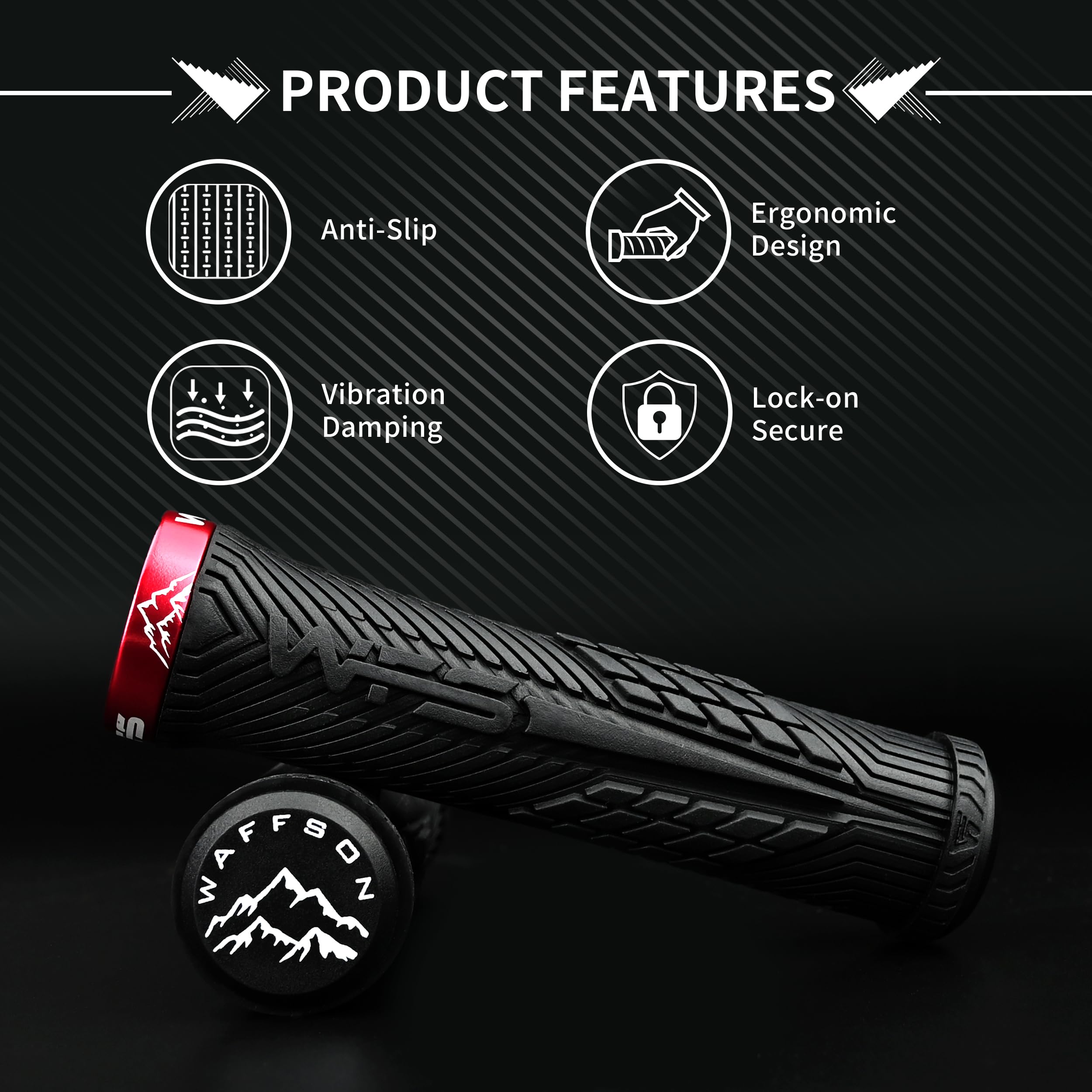 WFS Volatus Single Lock-on Grips for Mountain Bikes, Road, City Bike, 33mm OD Soft Comfortable Ergonomic, Anti-Slip 22mm ID Locking Handlebar Grips for MTB, 1 Pair