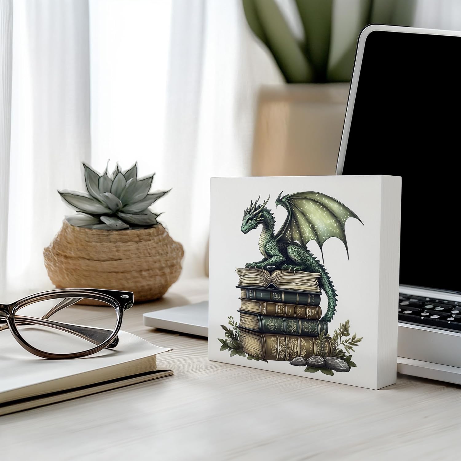 Green Book Dragon Desk Home Table Decor Sign,Book Lover Gifts For Women,Gifts For Books Lovers, Decor For Library Classroom Reading Nook Home Bedroom Living Room, 5x5 Inch - Image 4
