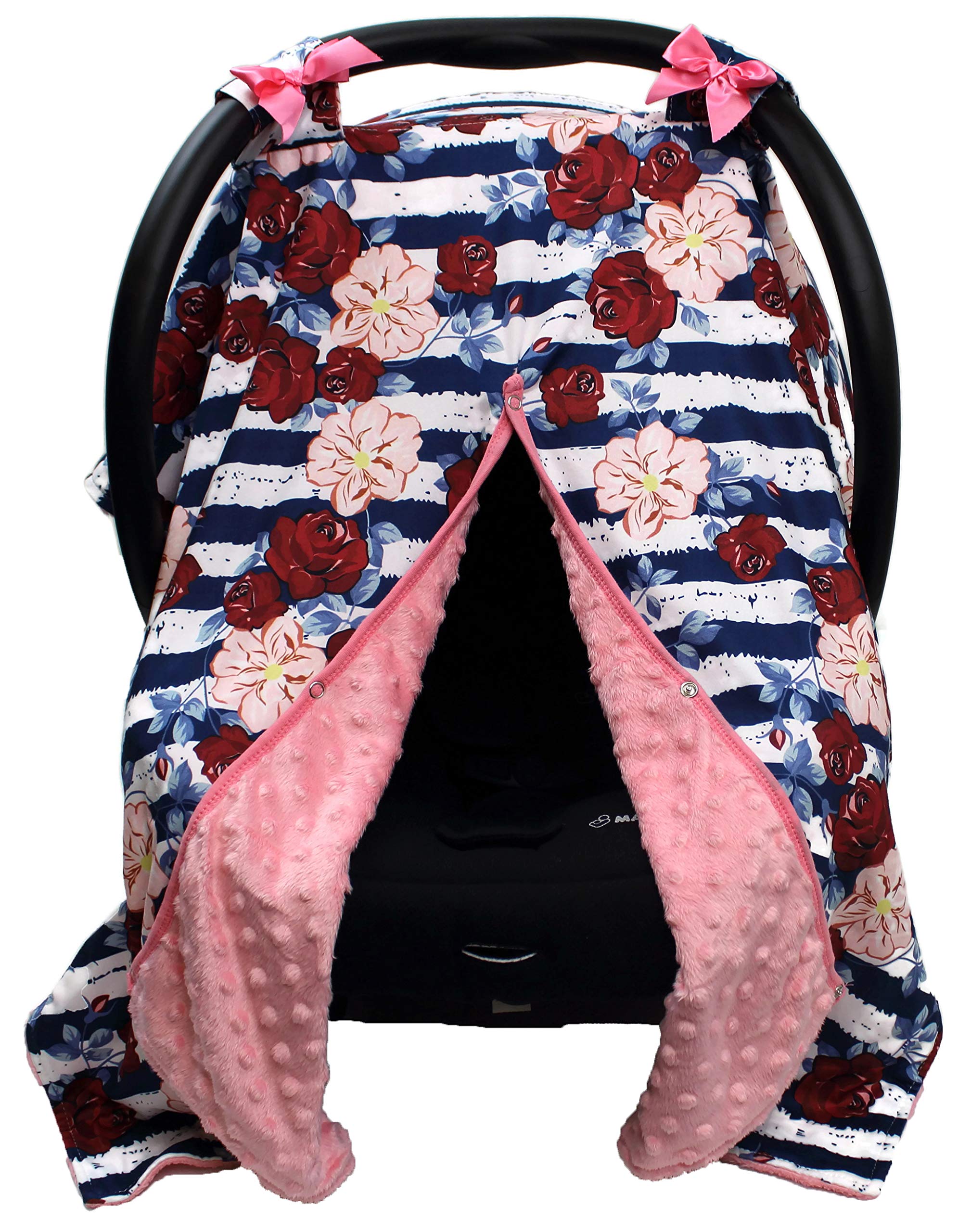 Dear Baby Gear Carseat Canopy - Car Seat Cover with Snap Opening for Girls & Boys - Infant Car Chair Canopies - Floral & Farm Print Covers - 39" x 32" (Blush Hibiscus & Navy White Stripes, Coral)