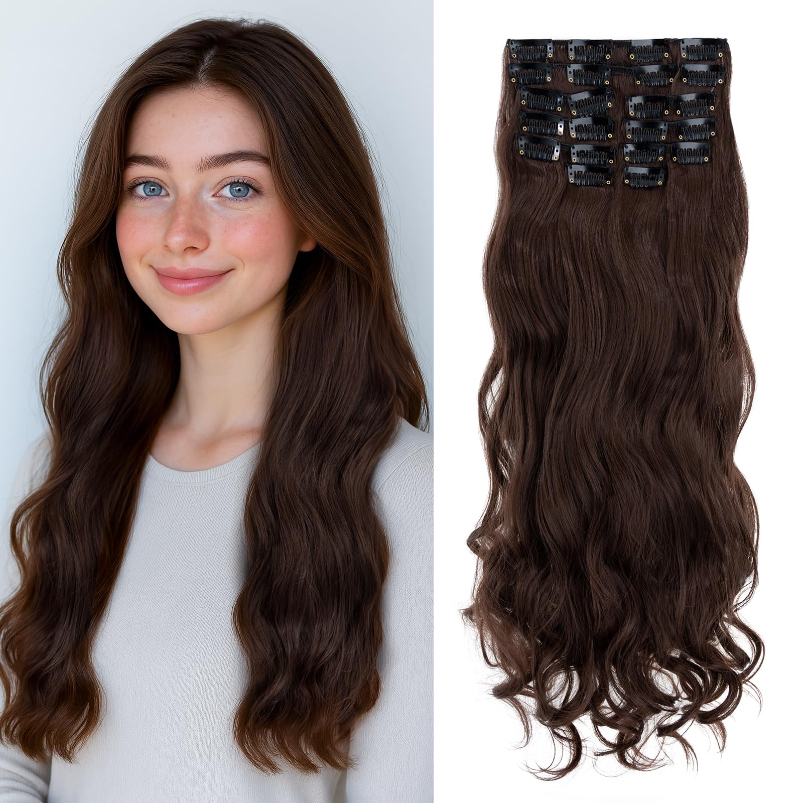 Benehair 22" Clip in Hair Extensions 12 Pcs Long Curly Wave Hair Extensions Clip in Full Head Synthetic Fiber Natural Brown Hair Piece for Women Girls(Natural Brown