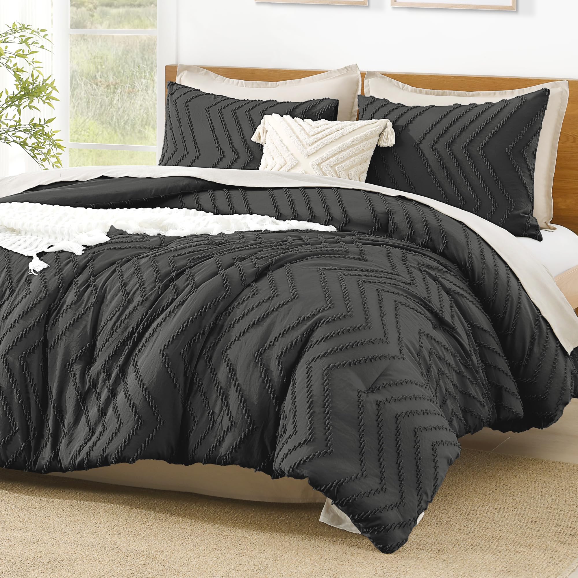 Litanika Dark Grey California King Comforter Set, 3 Pieces Cal King Oversized Chevron Tufted Boho Bedding Comforter Sets, Fluffy Bed Set (104x96In Comforter & 3 Pillowcases)