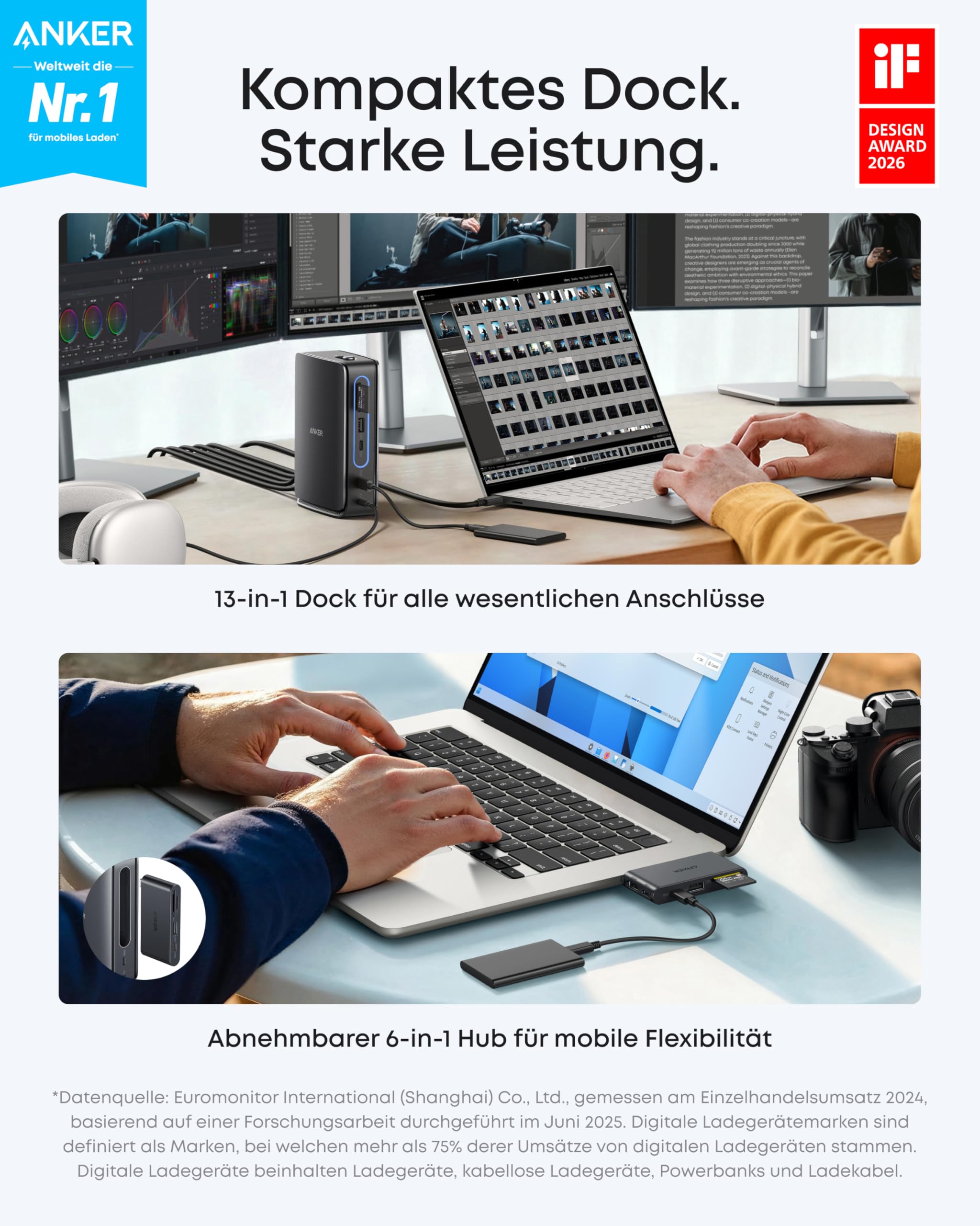 Anker Nano Laptop Dock, Integrierter Hub, 13-in-1 USB-C Triple-Display (2× HDMI, 1× DP), 10Gbps USB-C, 3× USB-A, Audio, SD/TF, Ethernet, Bis 100W Power Delivery, Für Dell, Lenovo, HP u.v.m.