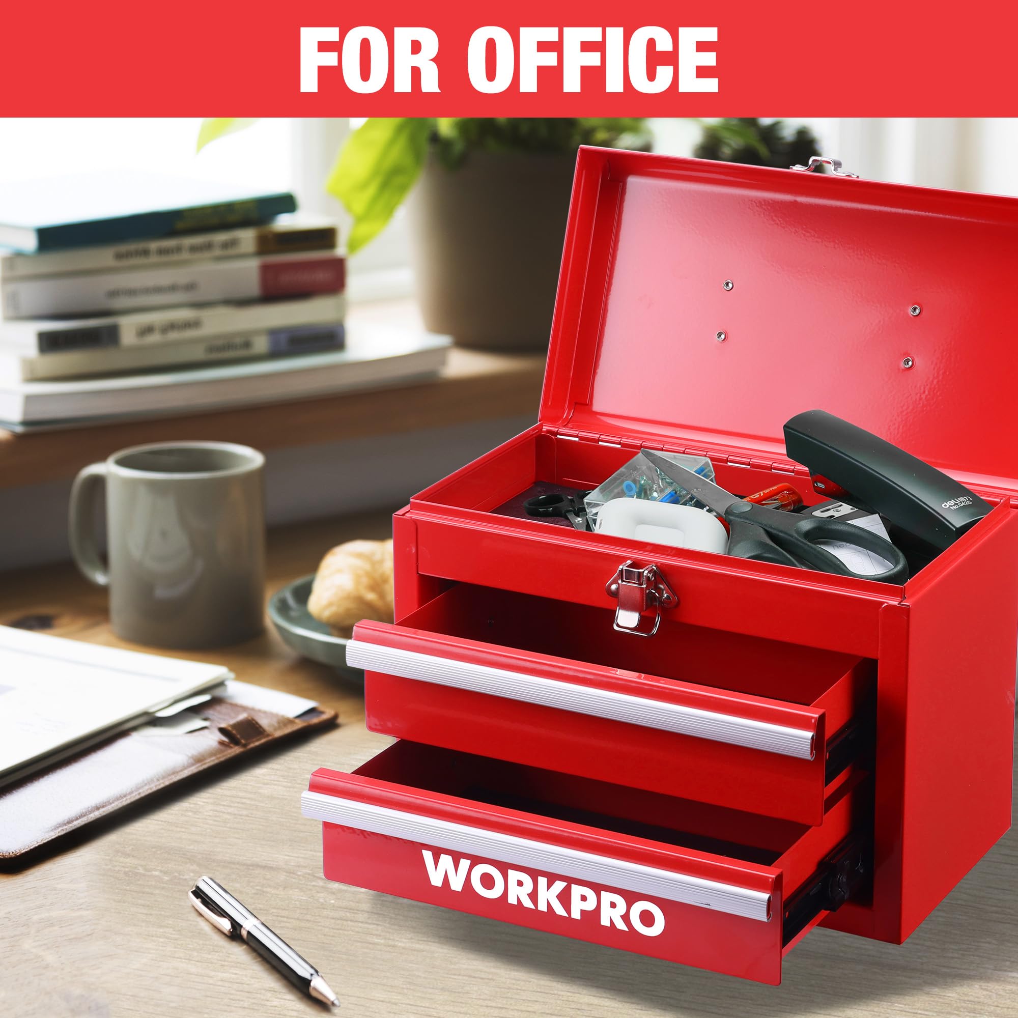 WORKPRO Przenośna mini skrzynka narzędziowa, 2 szuflady, metalowa skrzynia narzędziowa z prowadnicami z łożyskami kulkowymi, przechowywanie od góry i zamykane zatrzaski, ergonomiczny uchwyt do