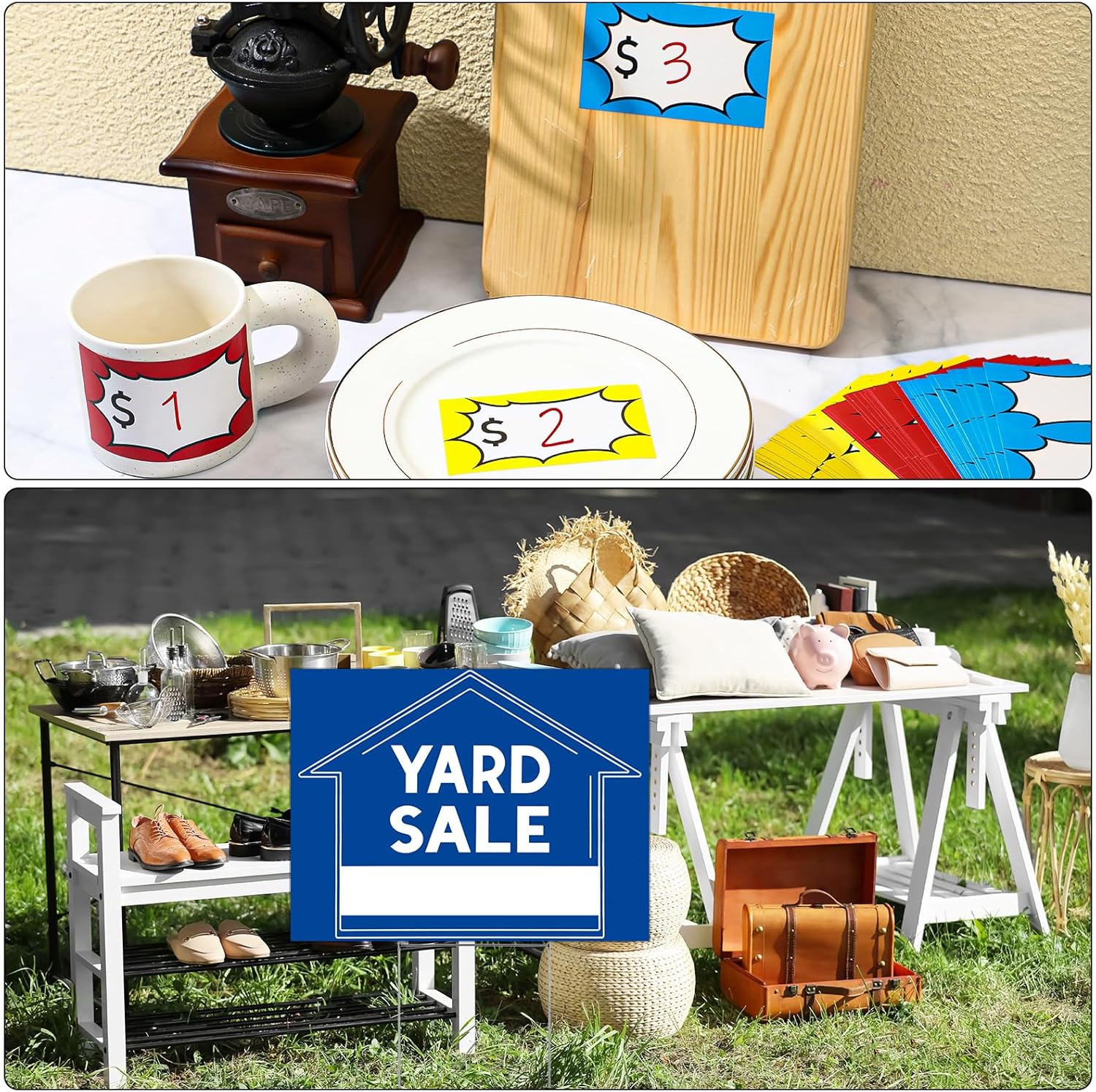 Buryeah Yard Sale Feather Flag Signs Set, 1 Pack 7ft Yard Sale Banner with Pole Kit, 3 Pack Double Sided Yard Sale Signs with Stakes, 150 Count Large Item Pricing Stickers(Blue)
