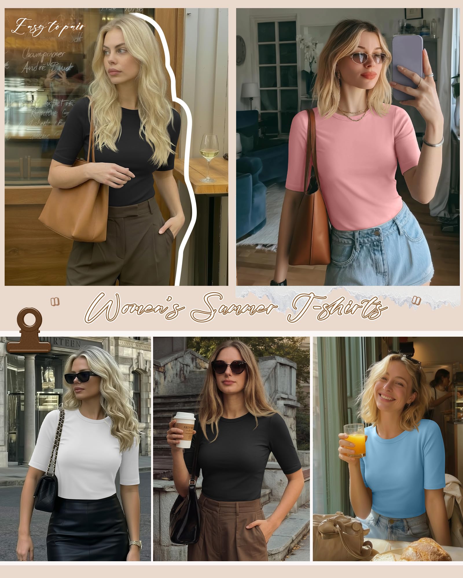 Neer Pack de 4 Camisetas para Mujer con Media Manga, Longitud del Codo, Corte Estrecho, Cuello Redondo, 1 2 Mangas, Camiseta básica de Verano