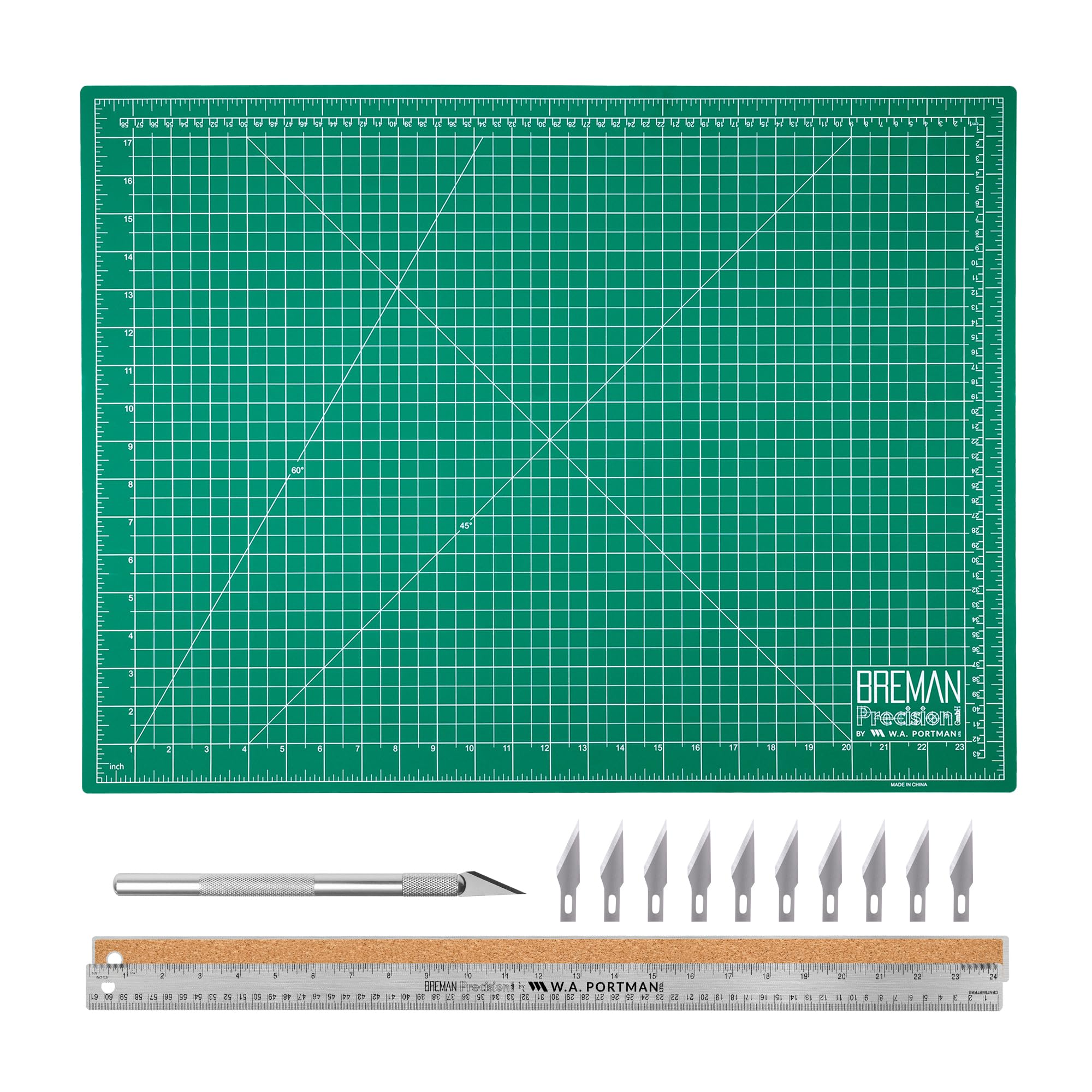 WA Portman 18x24 Inch Self Healing Cutting Mats for Crafts – Fabric Cutting Mat with Precision Craft Knife, 10 Hobby Knife Blades & Metal Ruler 24 Inch Cork Backed Ruler – All-in-One Craft Kit