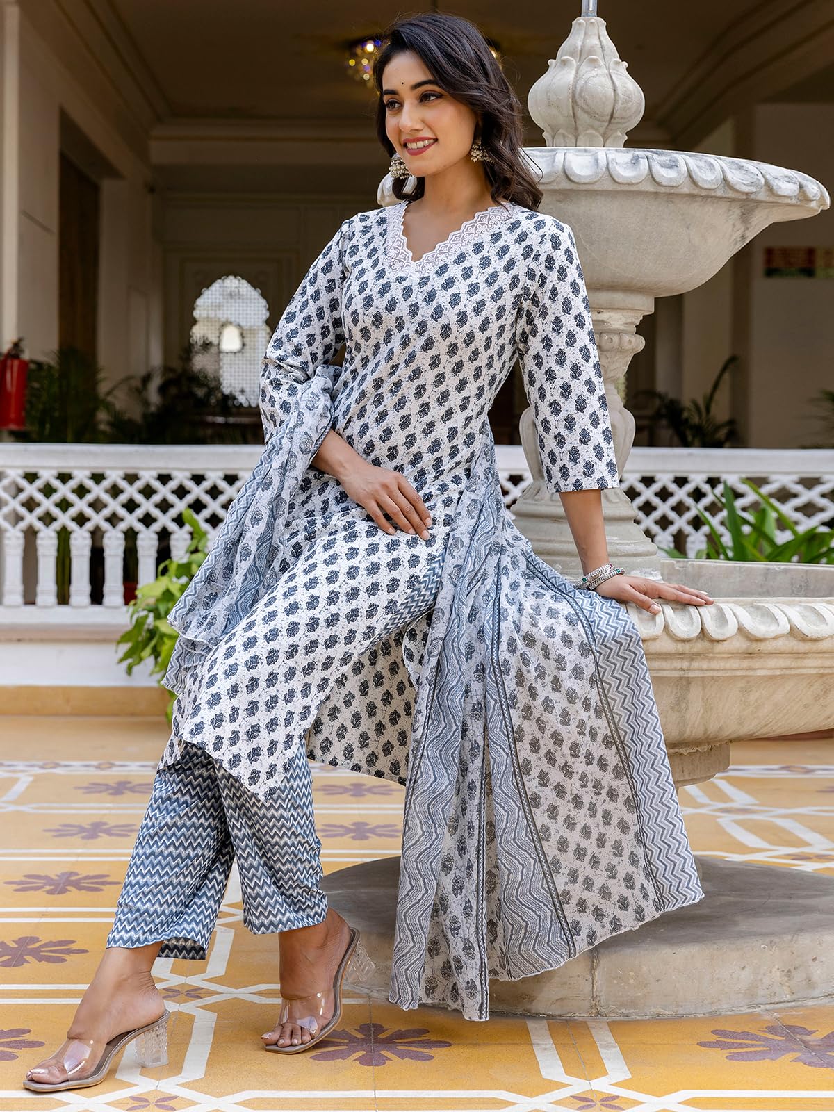 Sanisa Women's Cotton Printed & Lace Straight Kurta With Pant And Dupatta Set (268Kbd2811N-S_Grey & White)