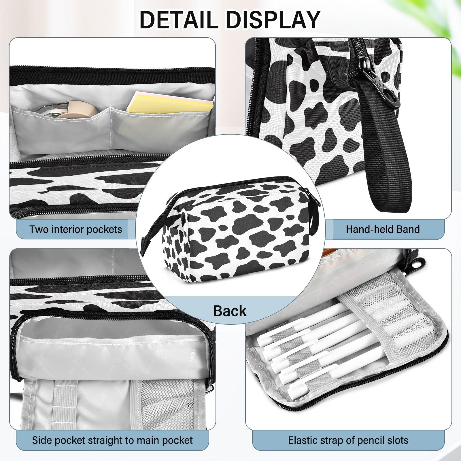 Mnsruu Big Capacity Pencil Case Black and White Cow Print Pouch Pen Case Pencil Box Stationery Bag Makeup Bag Office Organizer for Boys Girls - Image 4