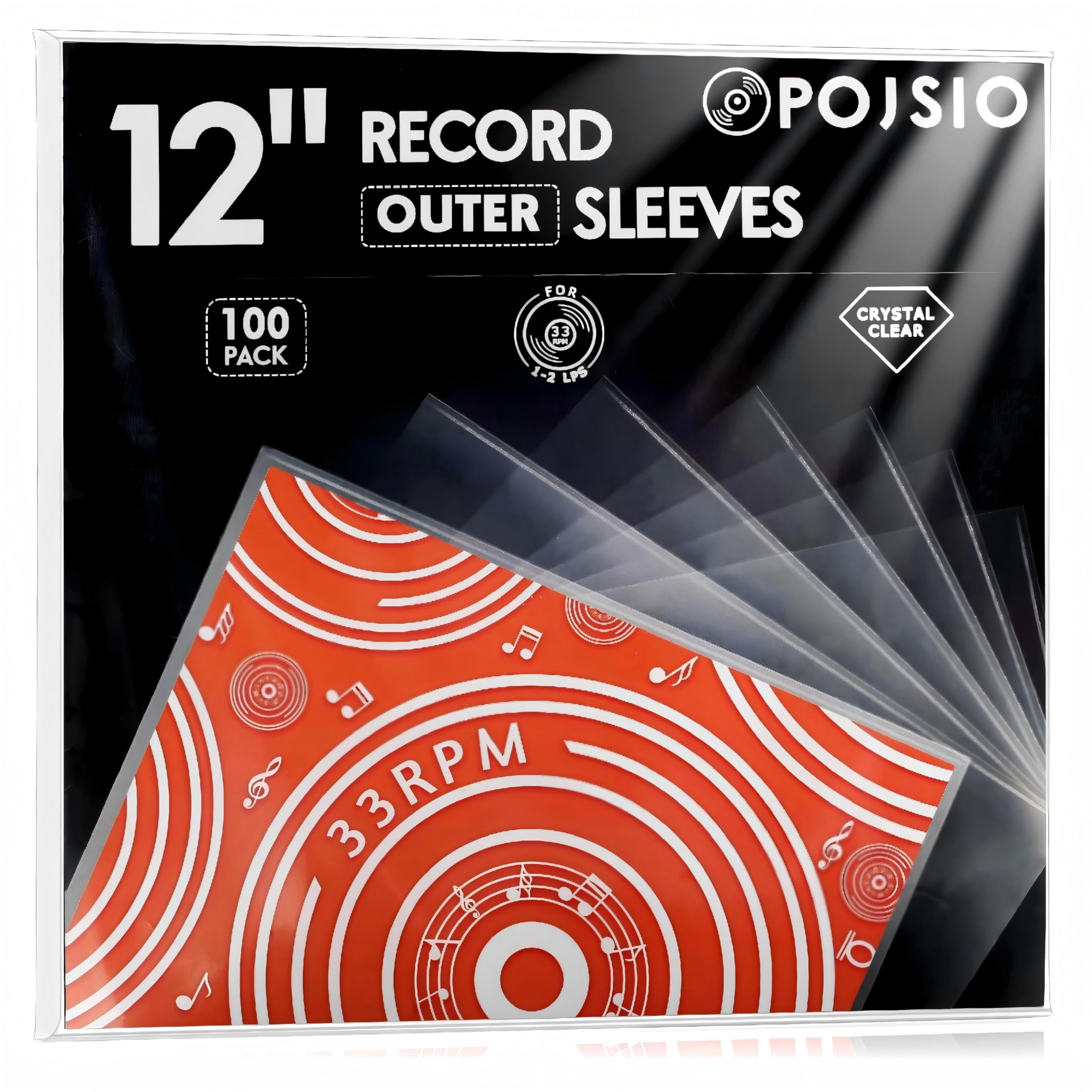 POJSIO 100 Pz. Buste Vinili 33 Giri Esterne, Custodia Vinili 33 Giri Trasparenti Per Singoli e Doppi LPs, Buste Vinile 33 Giri per 12 Pollici Dischi, Protezione Polipropilene Vinile Copertine Cover