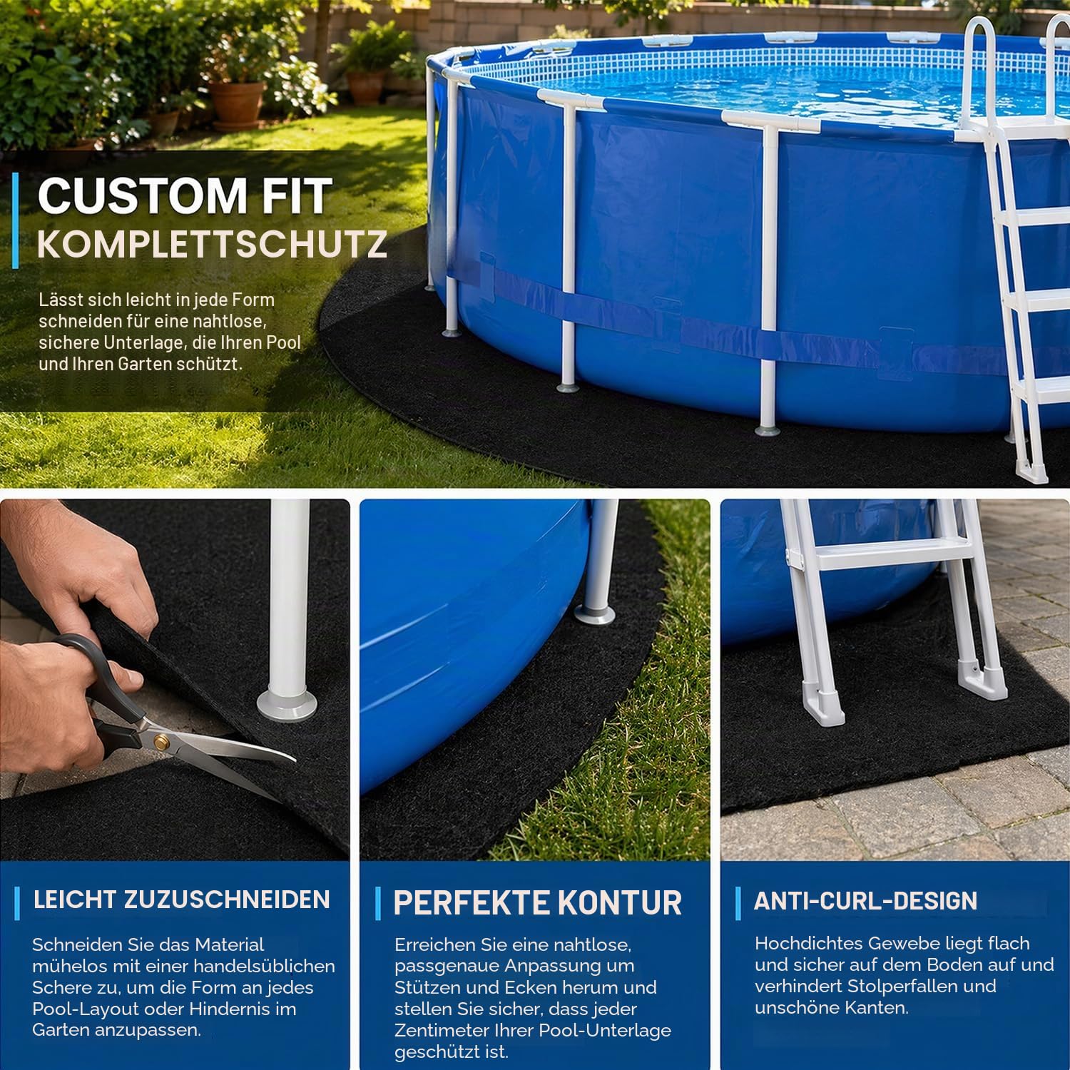 Poolunterlage Rund 460 cm, Vorgeschnittene Bodenplane für Aufstellpools & Whirlpools, Nahtlos & UV-Beständig, Schützt vor Steinen & Feuchtigkeit, Einfach Verlegbar & Wiederverwendbar
