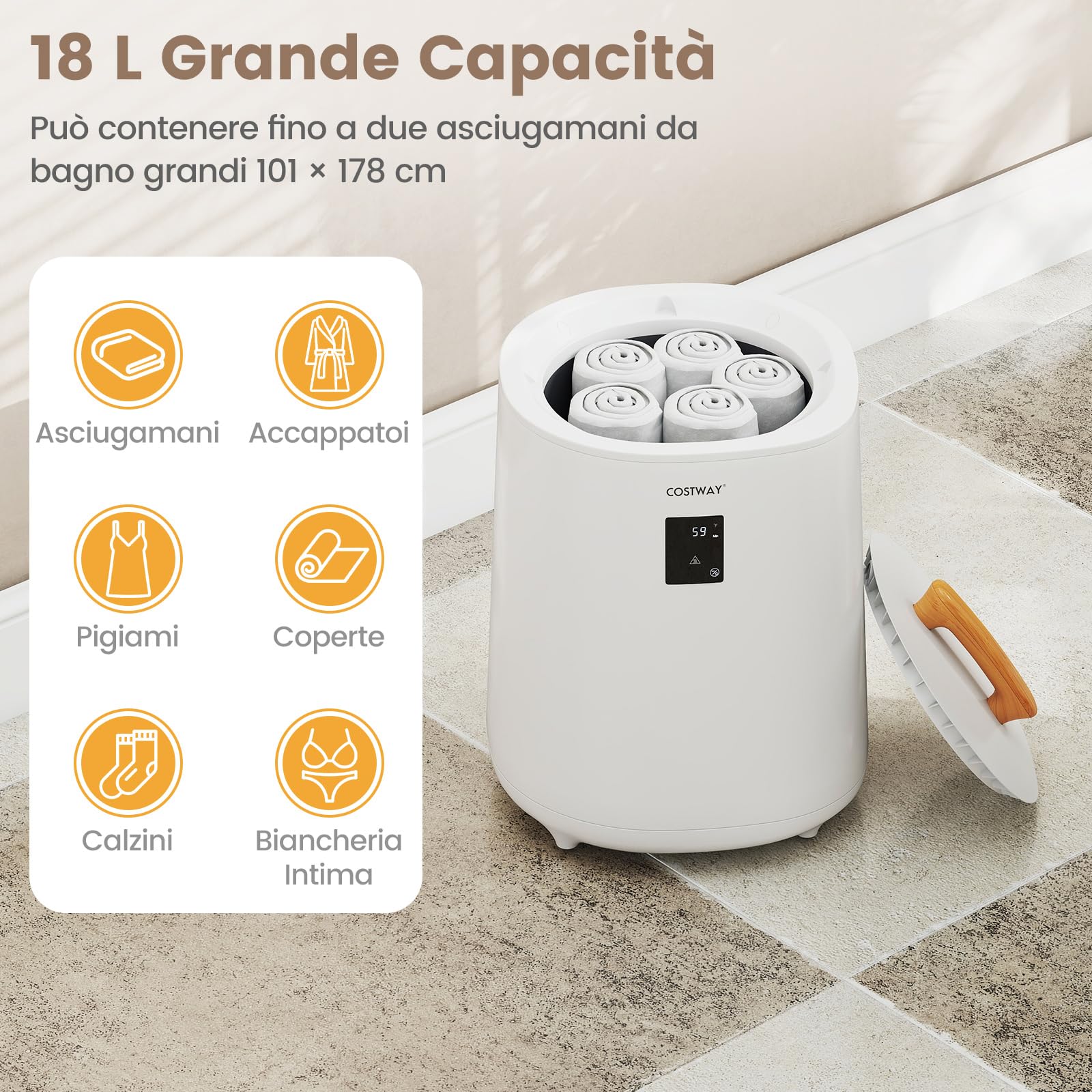 RELAX4LIFE 18 L Scaldasalviette Elettrico Bagno con Display LED, Riscaldamento Rapido, Spegnimento Automatico, Secchio Portatile, Scalda Asciugamani, Coperte, Vestiti, Calze per Spa, Casa (Bianco)